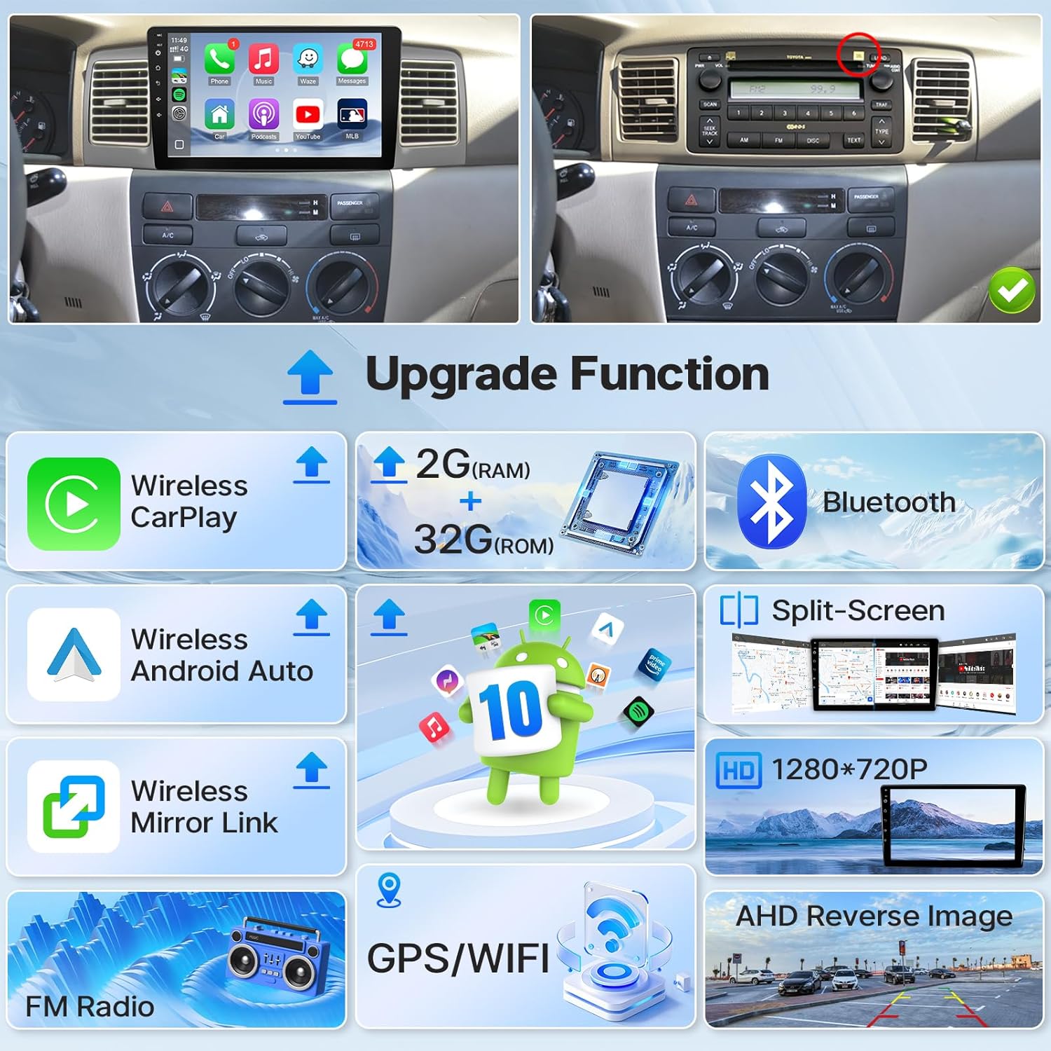 Leadfan Car Radio Stereo for Toyota Corolla 2003-2008(J.B.L Version) Wireless CarPlay Android Auto 9" Touch Screen Car Audio Receiver GPS Head Unit Mirror Link WiFi Bluetooth FM SWC+Backup Camera,