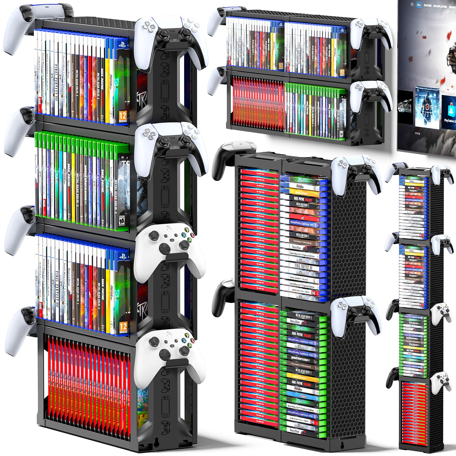 Kytok Video Game Disc Rack Tower Video Game Storage Universal for PS5/PS4/ XBOX One/Series/Nintendo Switch Game, Game Organizer Shelf Display Stand for Wall Mount/Desk/Floor with Controller Holder