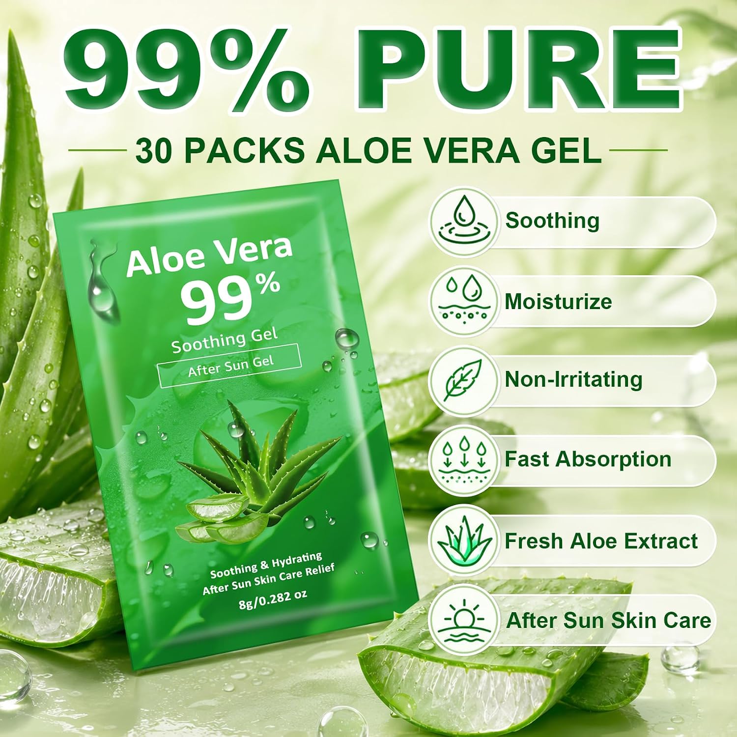 30 Packs 99% Pure Aloe Vera Gel for Face Sunburn Relief, Travel Size