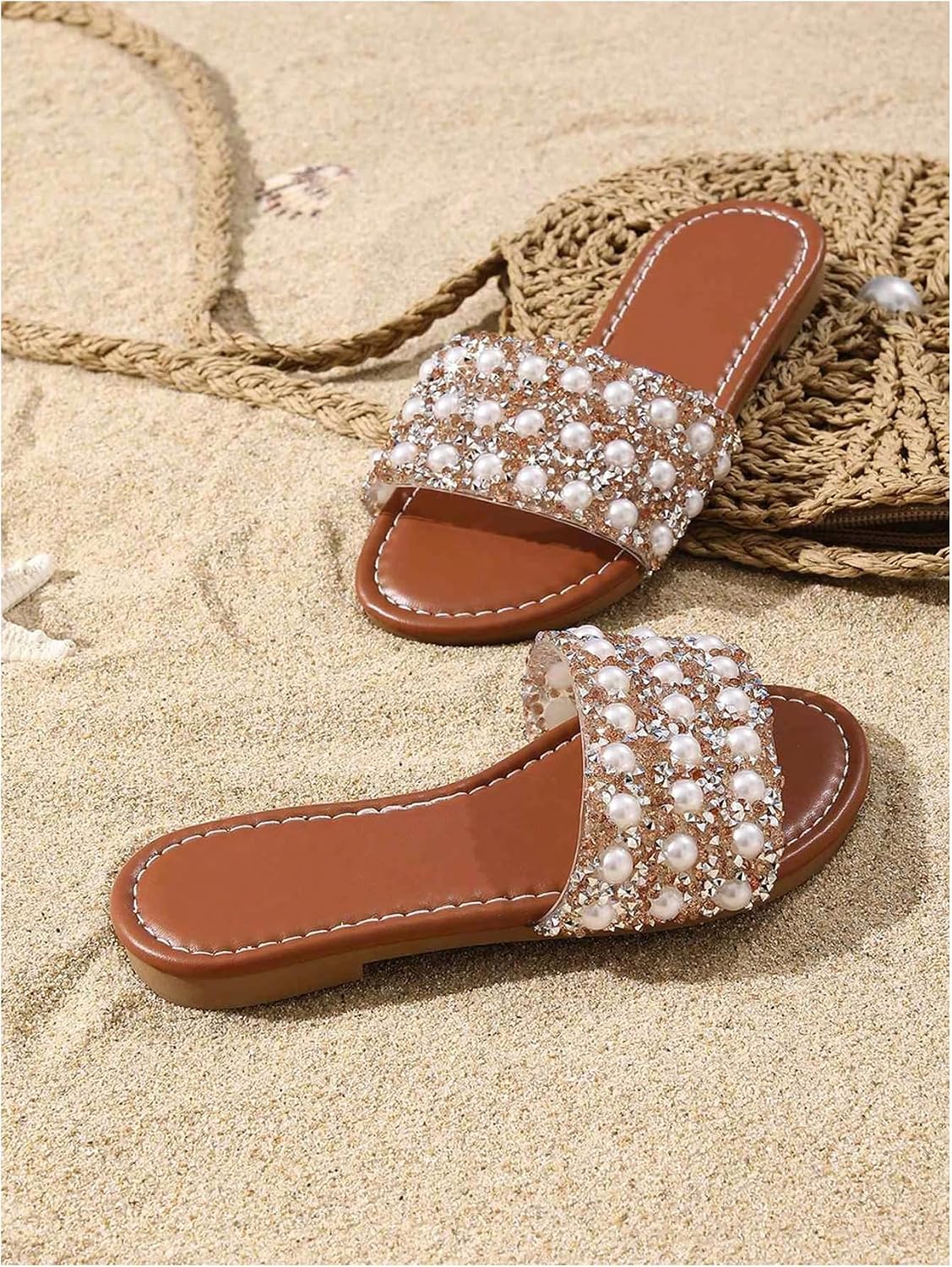 GORGLITTER Girl's Sandals Glitter Rhinestone Sparkly Slides Cute Pearl Open Toe Princess Dress Shoes Dressy Sandals