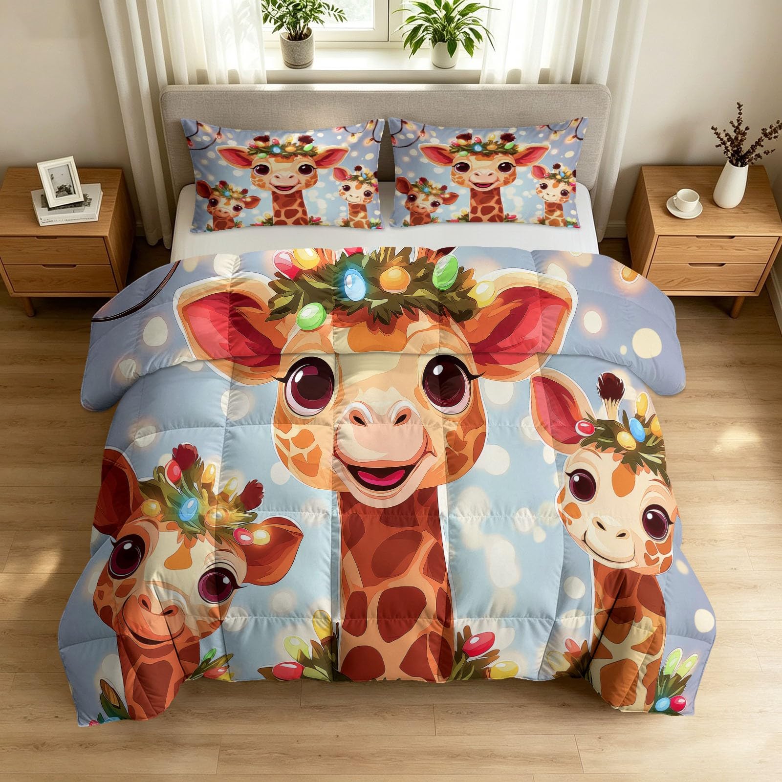 Couette 200x220 cm légère et douce édredon réversible motif girafe fleuri