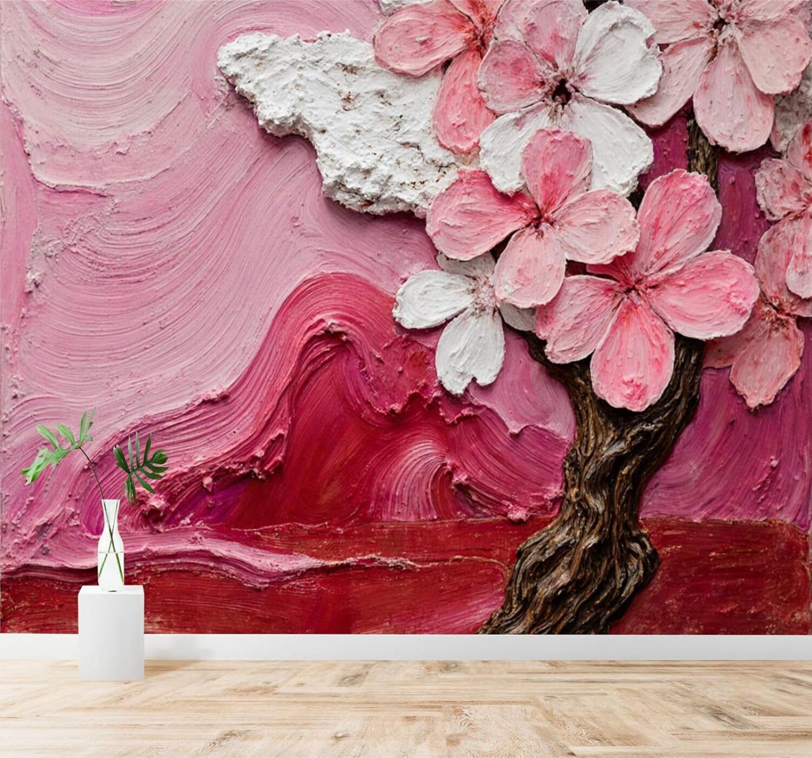 XLMING Pink Cherry Blossoms Trees Petal Texture Abstract Background 3D Wallpaper Silky Texture Home Study Office Grey Dining Room Sofa Bedroom Living Room TV Backdrop-200cm×140cm