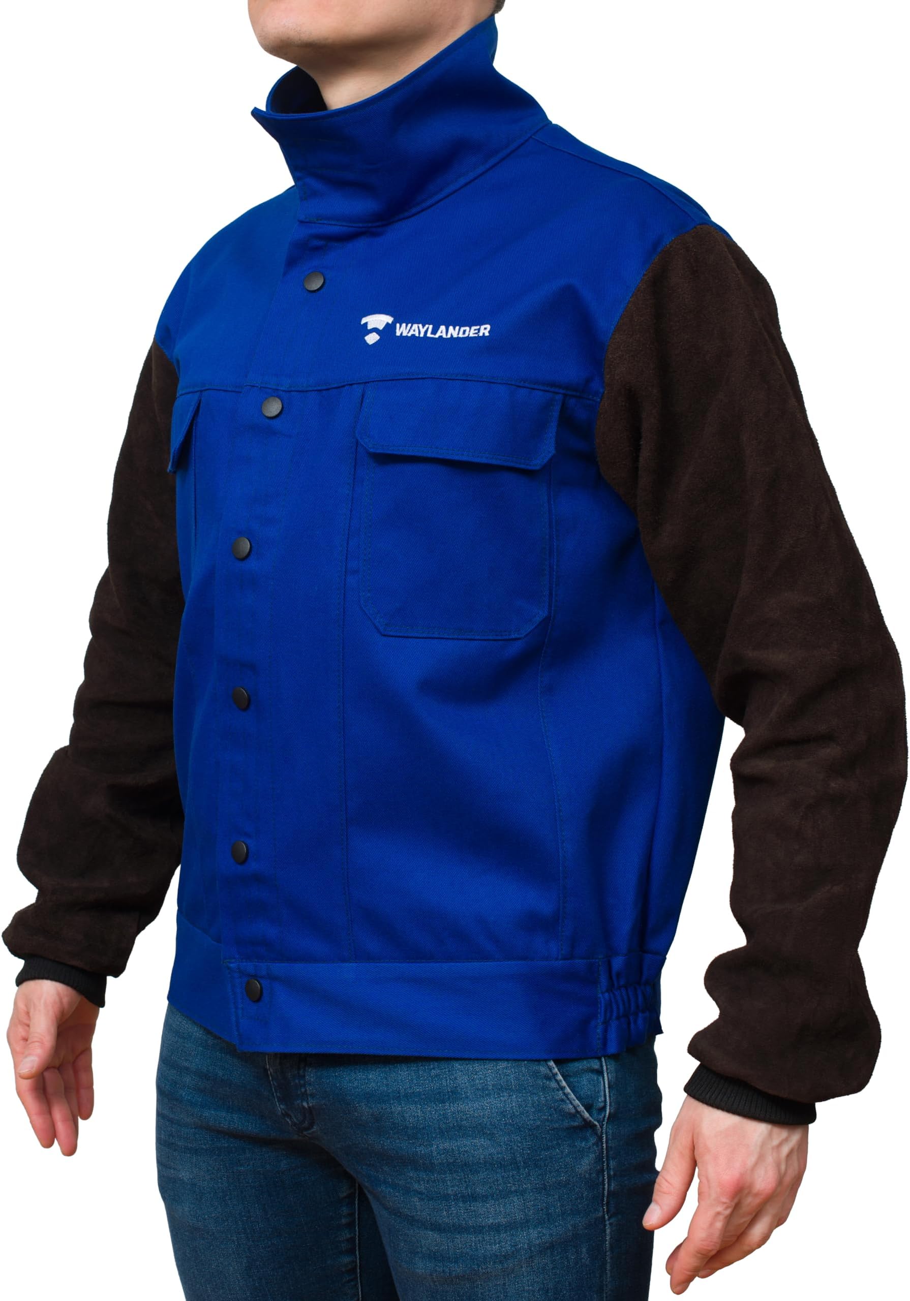 Waylander DVALIN Hybrid FR Leather Welding Jacket - Leather Sleeves, Snap Buttons for Maximum Spark & Heat Protection