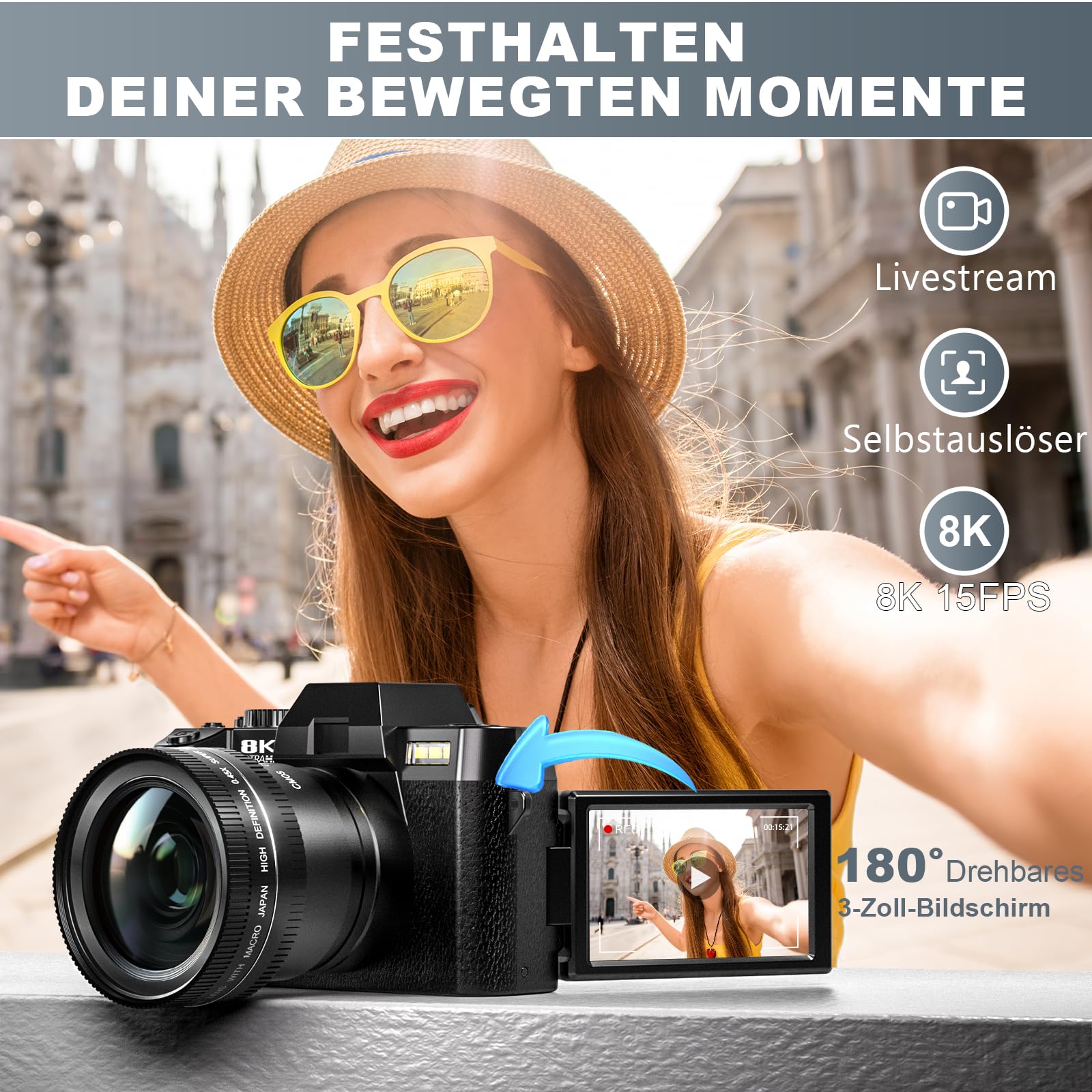 8K & 64 MP Digitalkamera für Foto & Video – 16-facher Zoom, WLAN, 180° Flip-Display, Autofokus, Bildstabilisierung, Weitwinkel & Makroobjektiv, Webcam-Funktion, inkl. PU-Ledertasche (Schwarz)