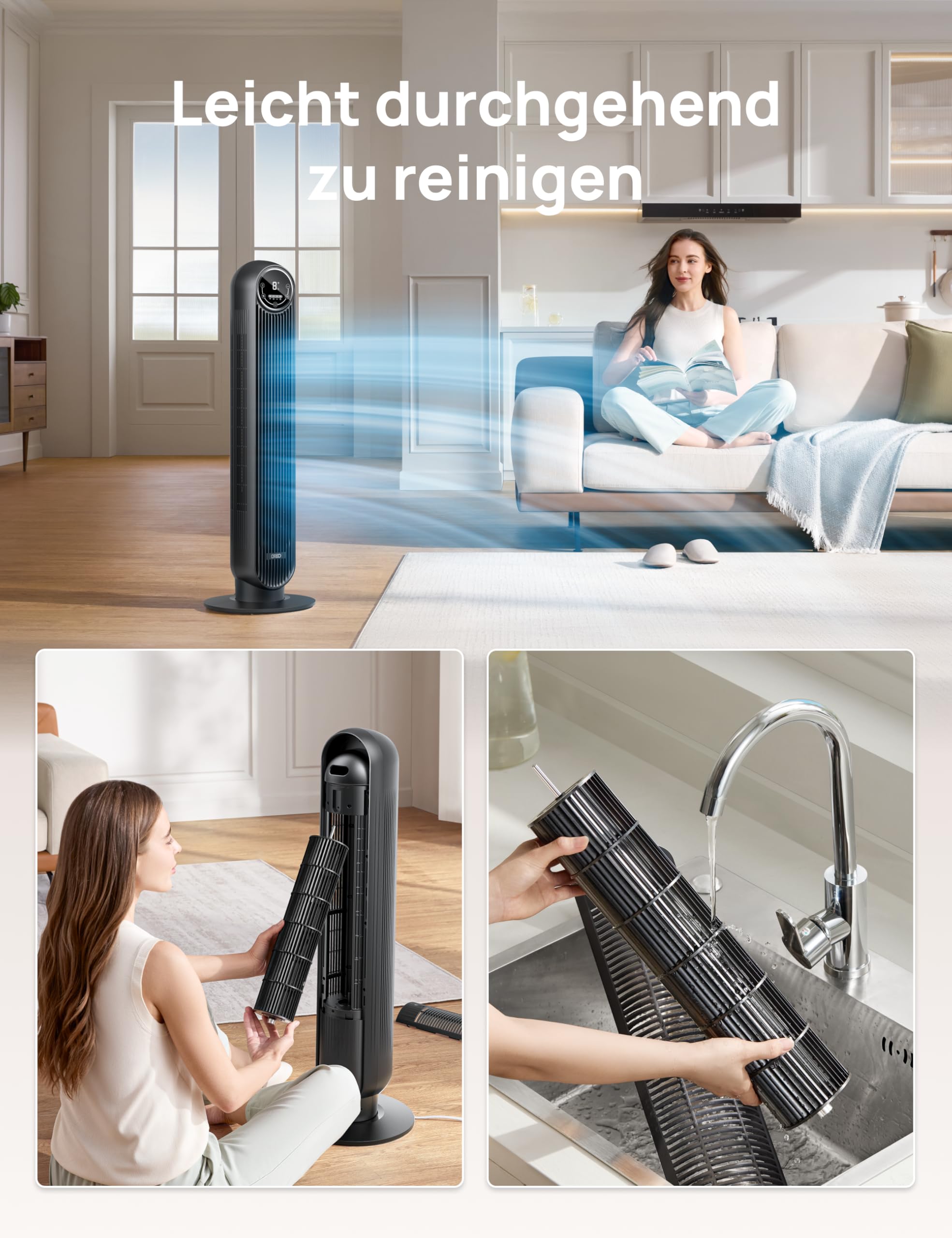 DREO Turmventilator 10 m Wurfweite 4 Geschwindigkeitsstufen 8 Std. Timer 90° oszillierend Fernbedienung Schwarz