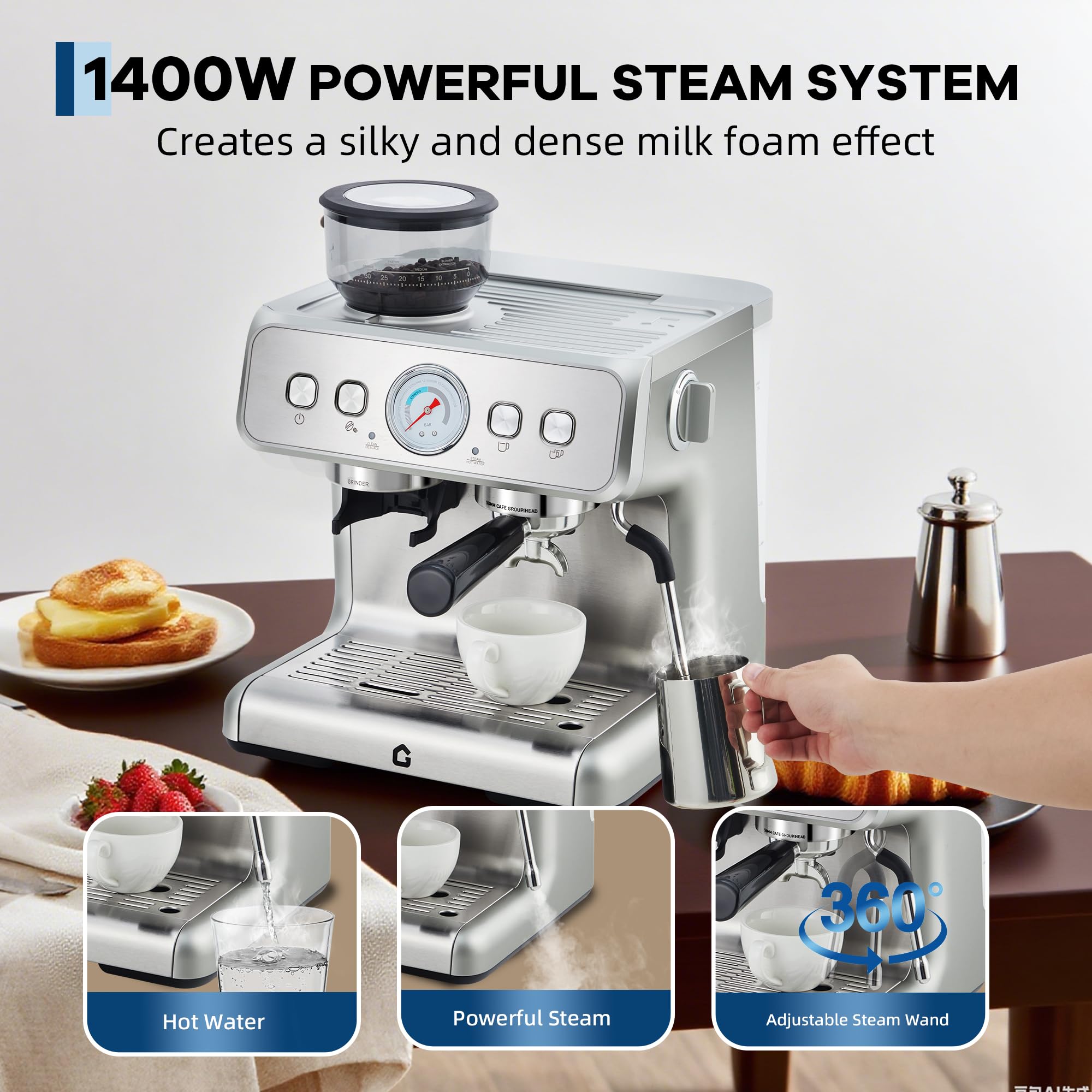 Macchina per Espresso Semiautomatica in Acciaio Inox - 15 Bar con Macinacaffè Integrato e Schiumalatte, Serbatoio 1.2L Rimovibile, 30 Regolazioni di Macinatura