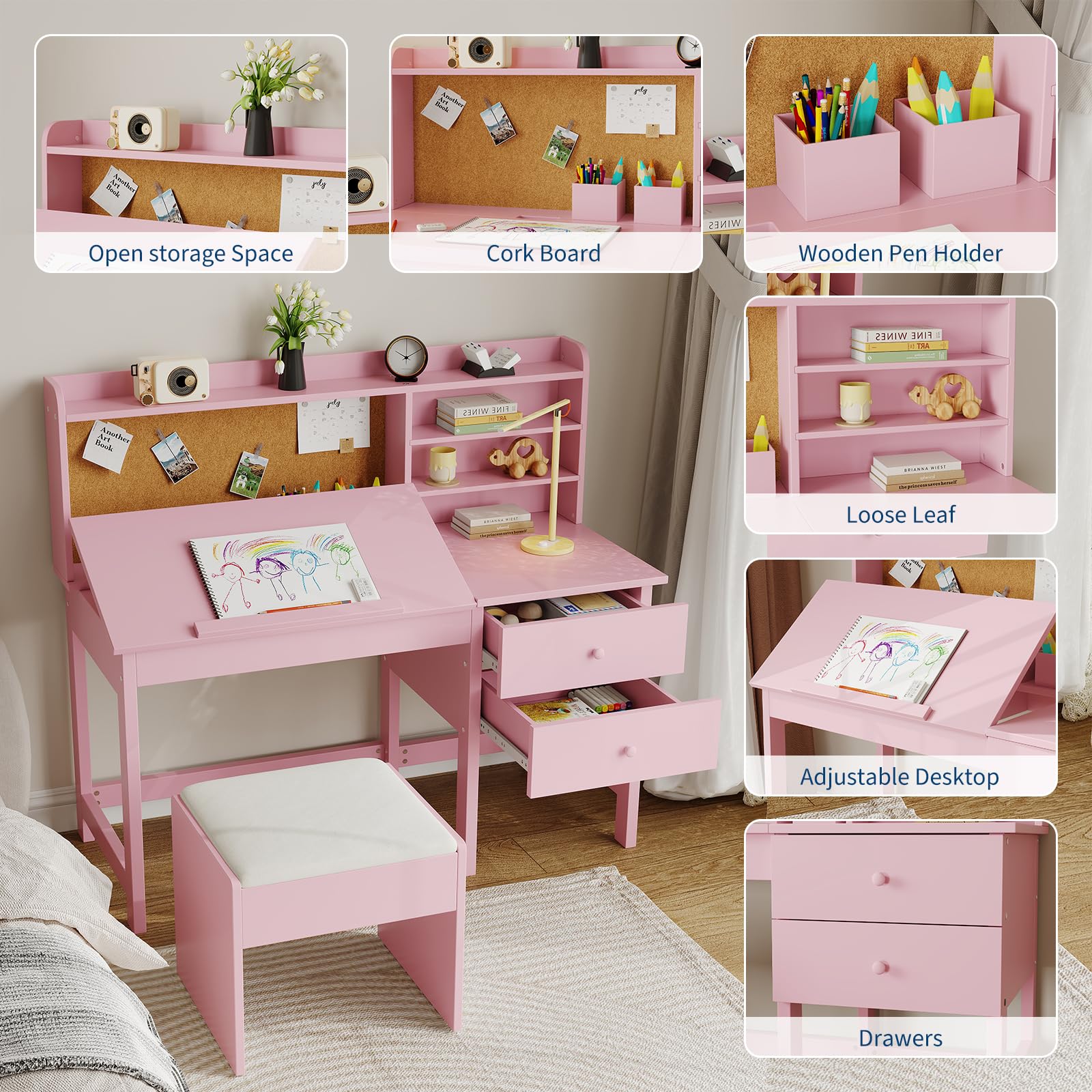 Garvee Kinderschreibtisch mit Hocker Set, Neigungsverstellbare Tischplatte 0-40°, Schreibtisch Kinder mit Pinnwand & 2 Schubladen, Rosa Lerntisch Mädchen für Schreiben Malen Lesen, MDF