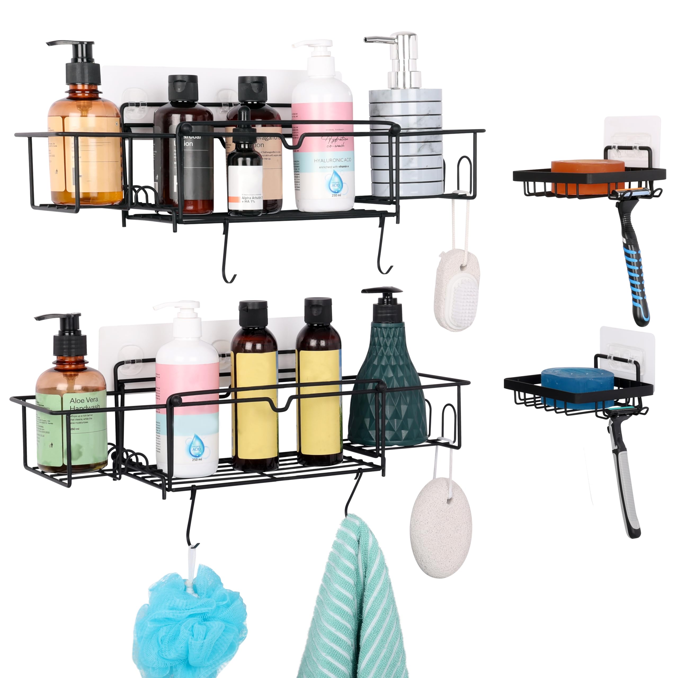 BELLE VOUS 2 Mensole Doccia - Porta Oggetti Bagno Shampoo - Dimensioni Mensola Adesiva 23-43 cm - Accessori Portaoggetti da Appendere Senza Forare - Nero