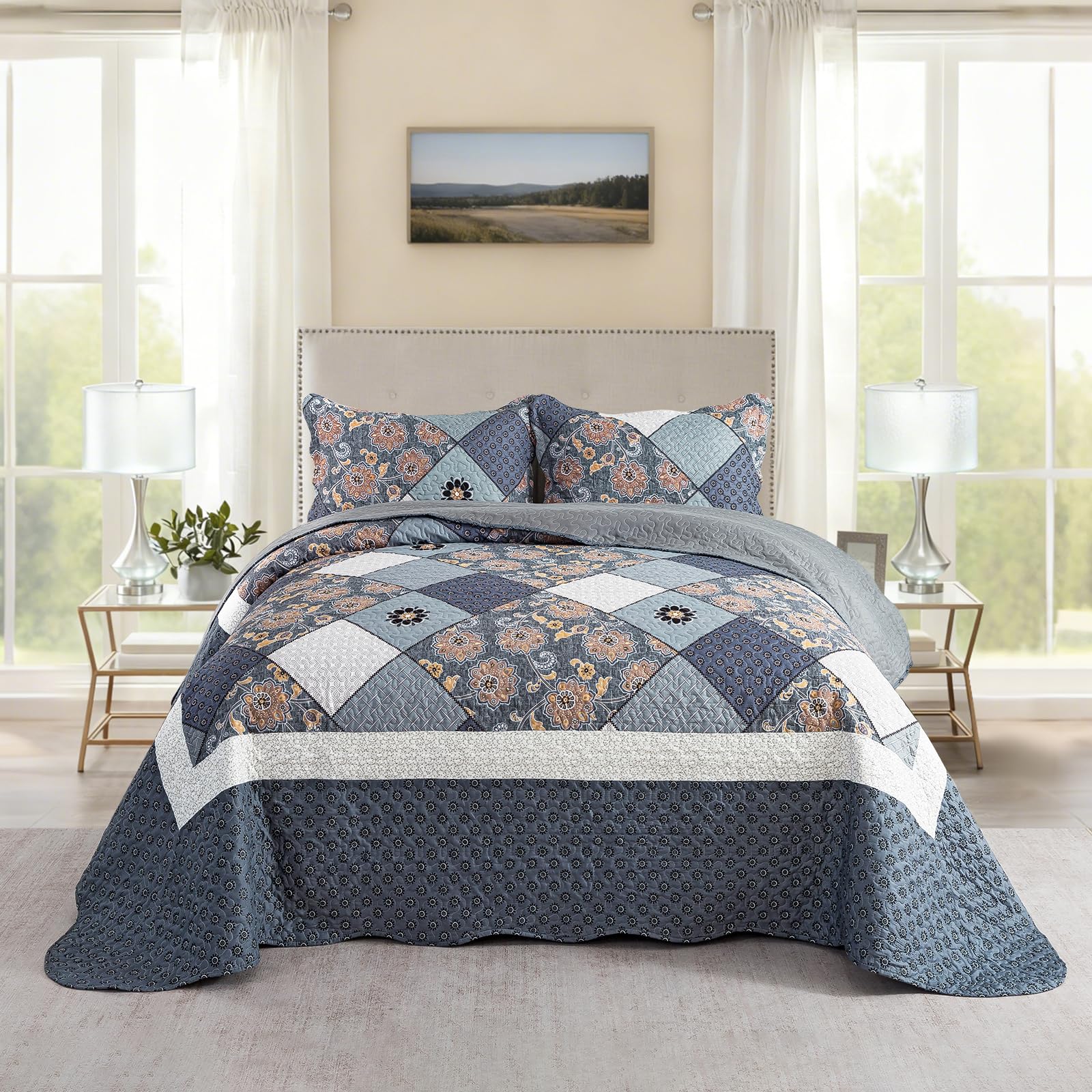 NEWLAKE Quilt Set King Size, Bedspread Sets Delicate Square Floral, Quilt Bedding Set Lightweight and Breathable for All Seasons, Soft Quilted Bedspread with 2 Pillow Shams