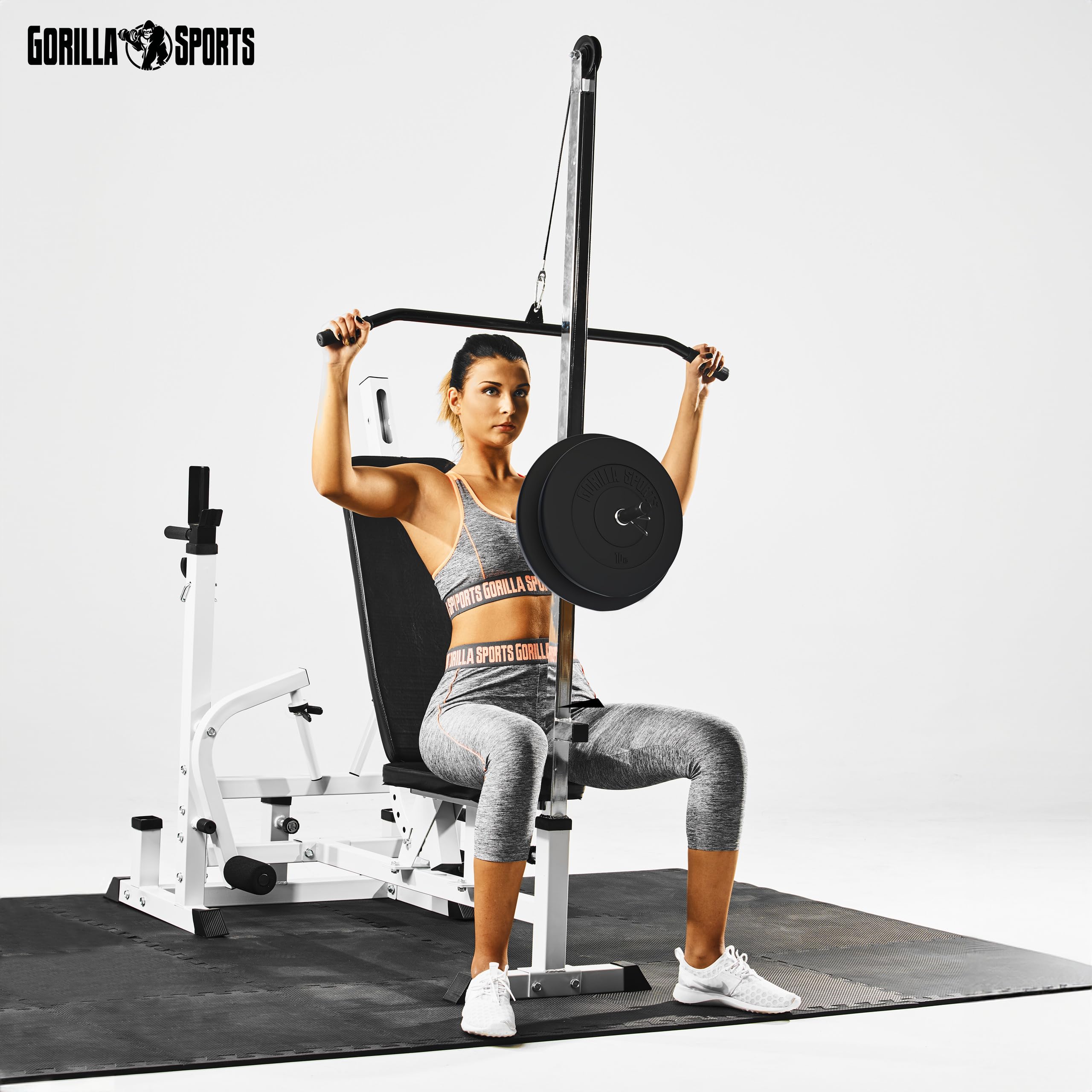 GORILLA SPORTS® Kraftstation mit Hantelbank und 100-kg-Hantelset | Mit verstellbarer Hantelablage, Latzugturm, Butterfly, Curlpult und Beincurler, bis 280 kg; Trainingsbank, Fitnessstation