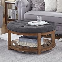 WEMARTHOMEDECOR 24KF Large Round Tufted Linen Ottoman Coffee Table with Wood Shelf Storage - Charcoal Footrest