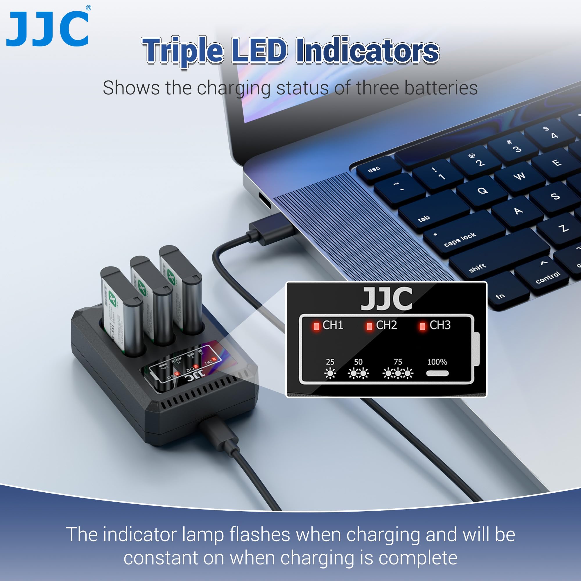 JJC Caricabatteria triplo USB-C compatibile con Ricoh GR IV, GR4, GRIV Camera, Caricabatteria + 1 cavo di ricarica Type-C per Rico DB-120