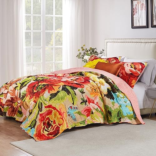 Miniatura 2 de Greenland Home Fashions Juego de edredón ultrasuave, reversible, de microfibra cepillada, 3 piezas, tamaño KingCalifornia King, Bouquet Senna