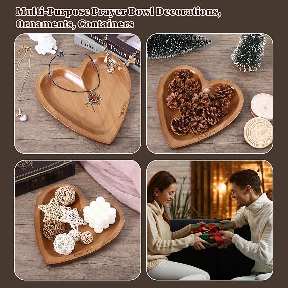 Heart Prayer Bowl with Cross, Dough Wooden Prayer Bowl with Engraved Cross and 24 Cards, Religious Christian Gifts for Women Devotional Prayer Gifts Prayer Room Decor