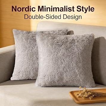 2 Pack Cushion Covers 43x43cm, Double-Sided Fluffy Pillow Covers Grey Faux Fur, Soft Pet Friendly Square Throw Pillow Cases for Sofa Bedroom Decor (Light gray, 43 * 43CM)