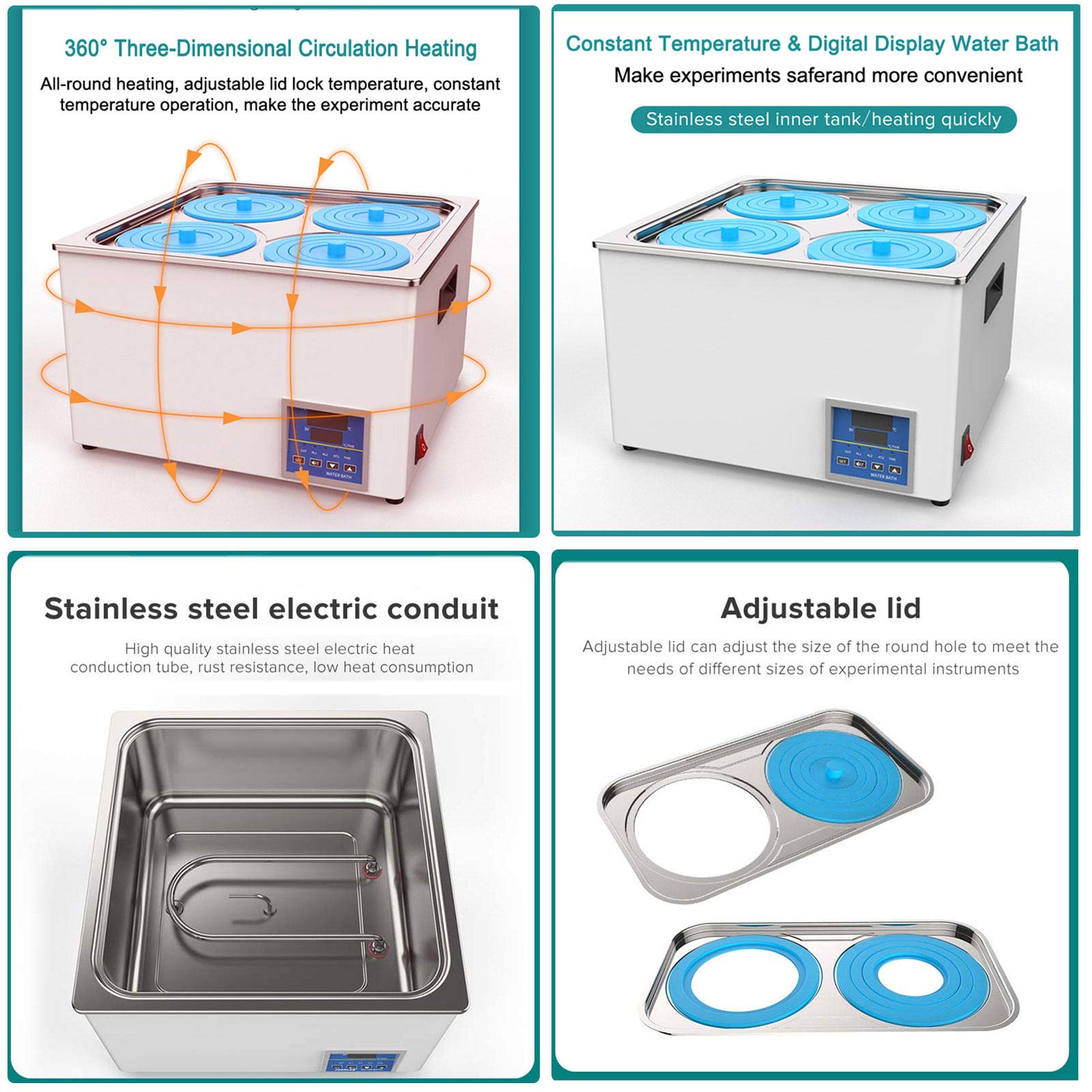 BañOs MaríA De Laboratorio, BañO MaríA TermostáTico Digital, con FuncióN De TemporizacióN RT A 99 ℃, Pantalla De Temperatura, Incrementos De 0.1 ° C, Acero Inoxidable,4Holes