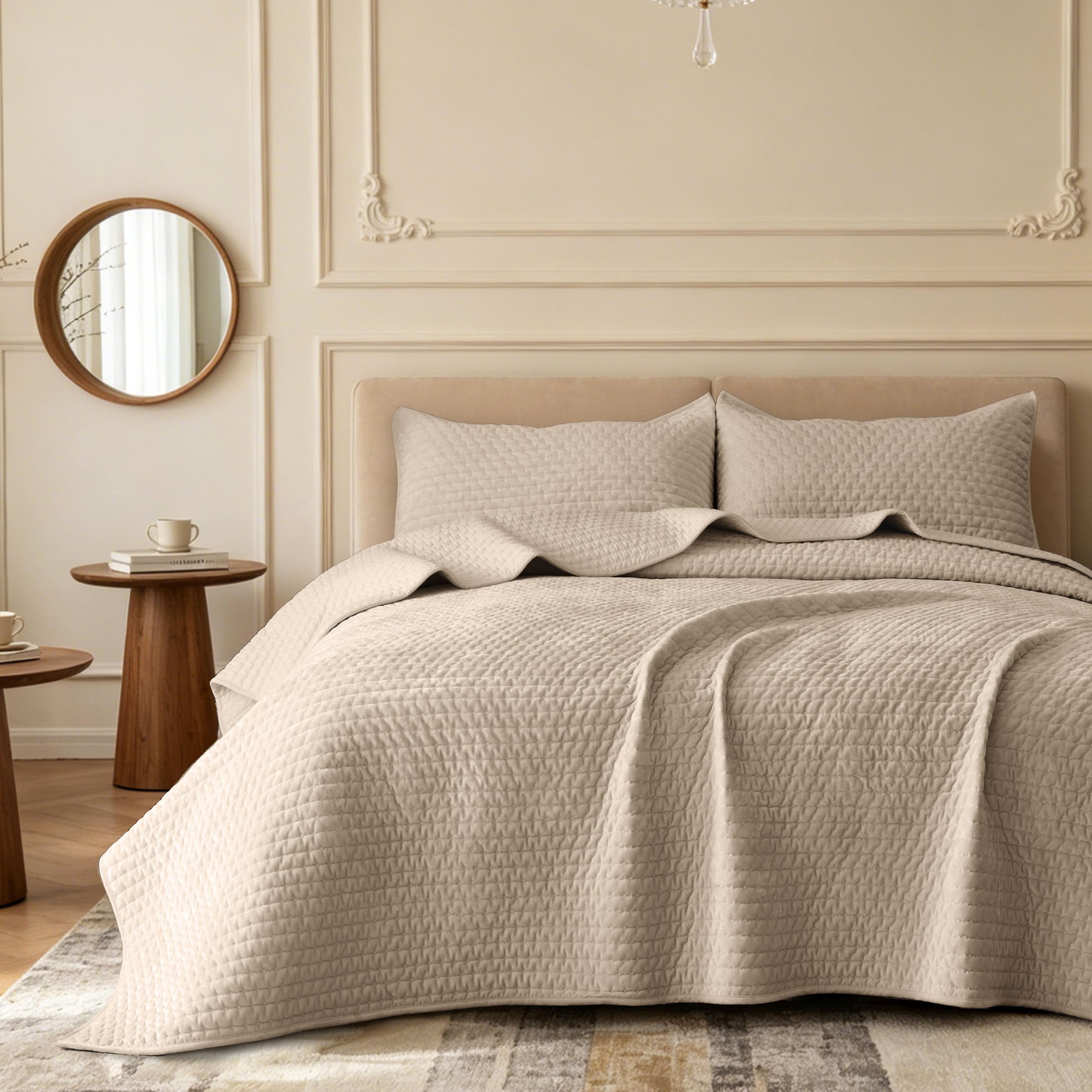 Photo 1 of NEPHEALIS Luxey Velvet Qulit California King Size 106x118 Quilted Bedspread Set with 2 Pillow Shams (20x36) Ultra Soft Coverlet Bedding Set for All Season with Decoration HOM,Beige