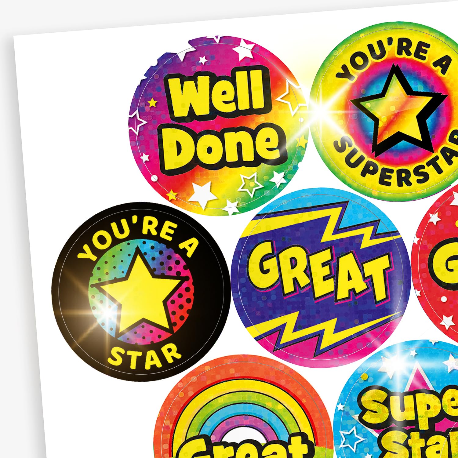 180 Holographic Sparkly Assorted Reward Praise Childrens Pupils School Club Stickers 35mm Primary Teaching Services