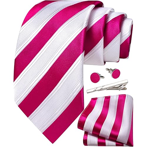 Mens Striped Tie and Pocket Square Set Silk Necktie Handkerchief Cufflinks Tie Clip Business Formal