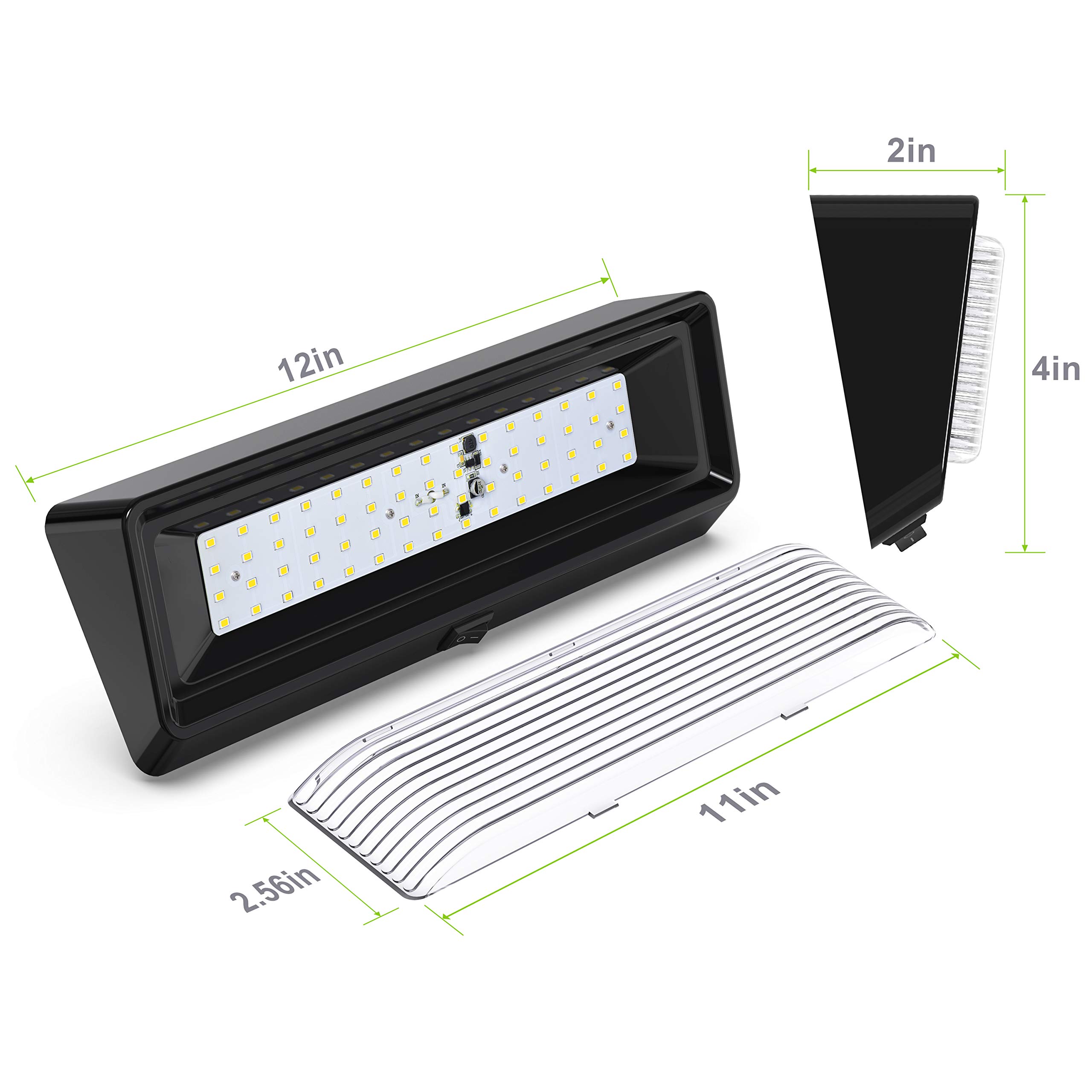 Luz de utilidad para porche exterior RV con interruptor XL 12 V 650 lúmenes. Iluminación de repuesto para caravanas, remolques, campistas, 5ª rueda XXXX base transparente (negro, paquete
