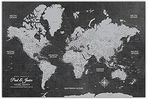 Personalized Grey Push Pin World Map Canvas