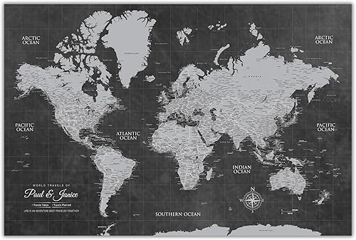HolyCowCanvas Personalized Grey Push Pin World Map on Canvas, 3 Sizes, Mark Travels, World Map Pin Board, Best Gift for People Who Travel Gift for