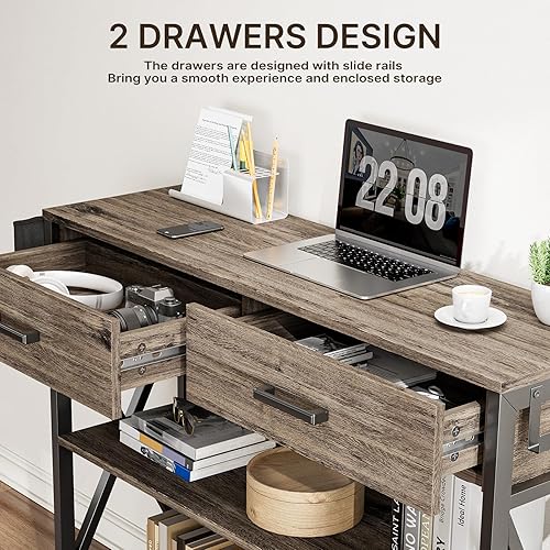 Miniatura 8 de Gizoon Mesa de entrada de 39 pulgadas con 2 cajones y estantes de almacenamiento de 3 niveles, mesa de sofá larga y estrecha industrial, mesa