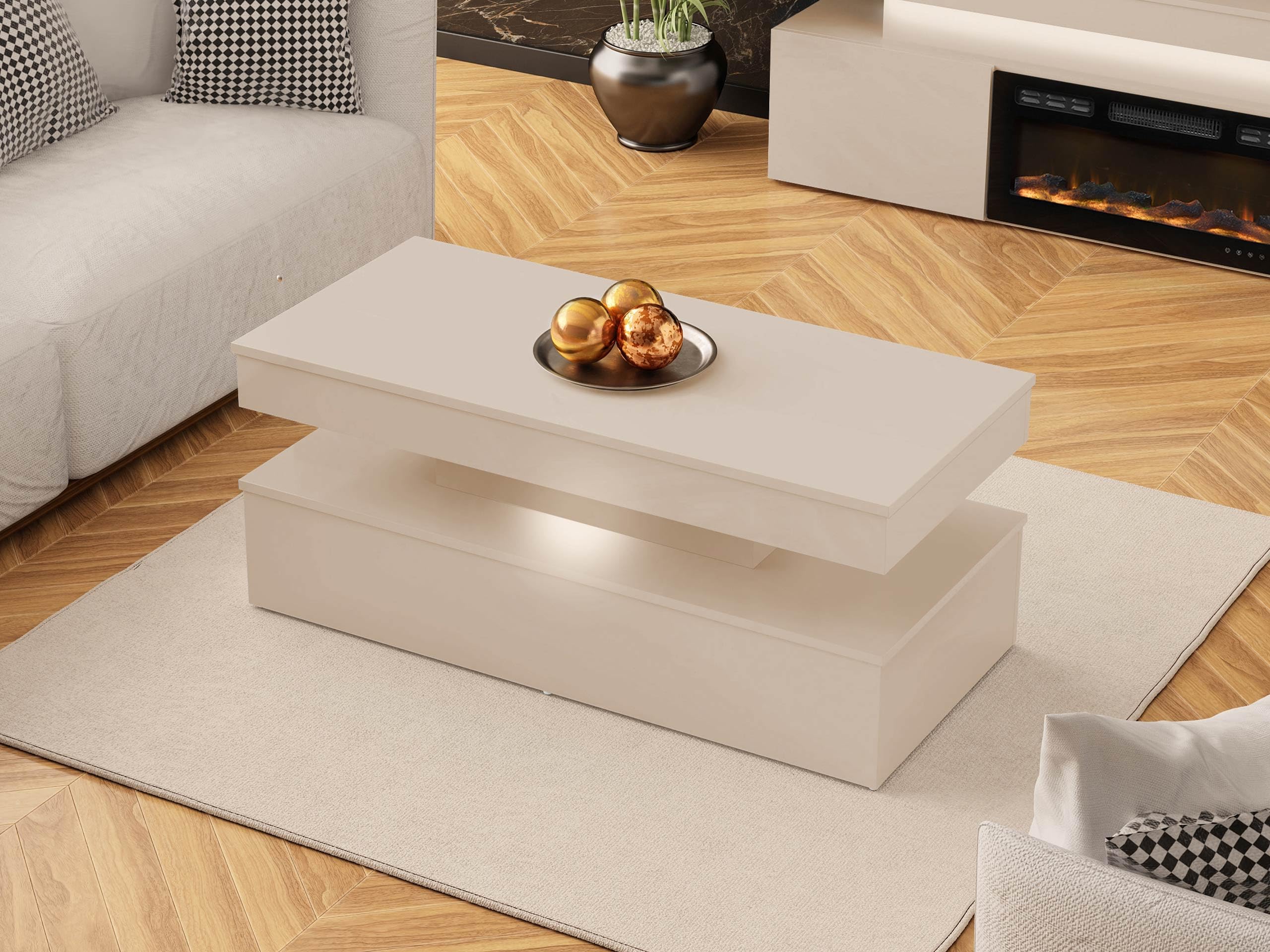 Mirjan24 Couchtisch Serkuzo Bis 120 mit weißer LED (Wüstensand) | Moderner Sofatisch mit Ablagefach und Antirutschfüßen, B/H/T: 120/50/55 cm