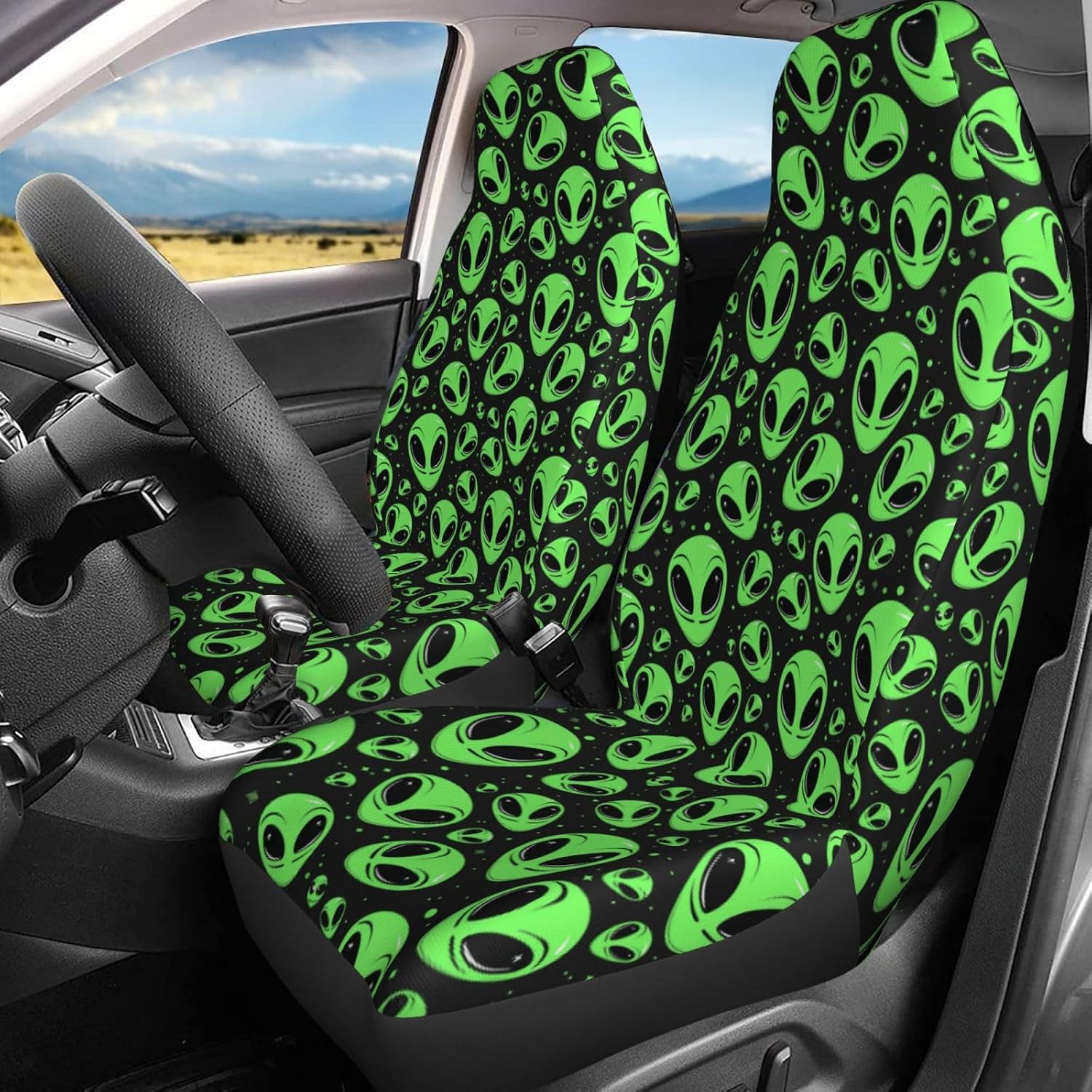 Delerain Car Seat Covers Set 2Pcs, Neon Green Alien UFO Universal Front Car Seats Vehicle Enterior Protector Suitable Fits Most Car Auto SUV Sedan Truck