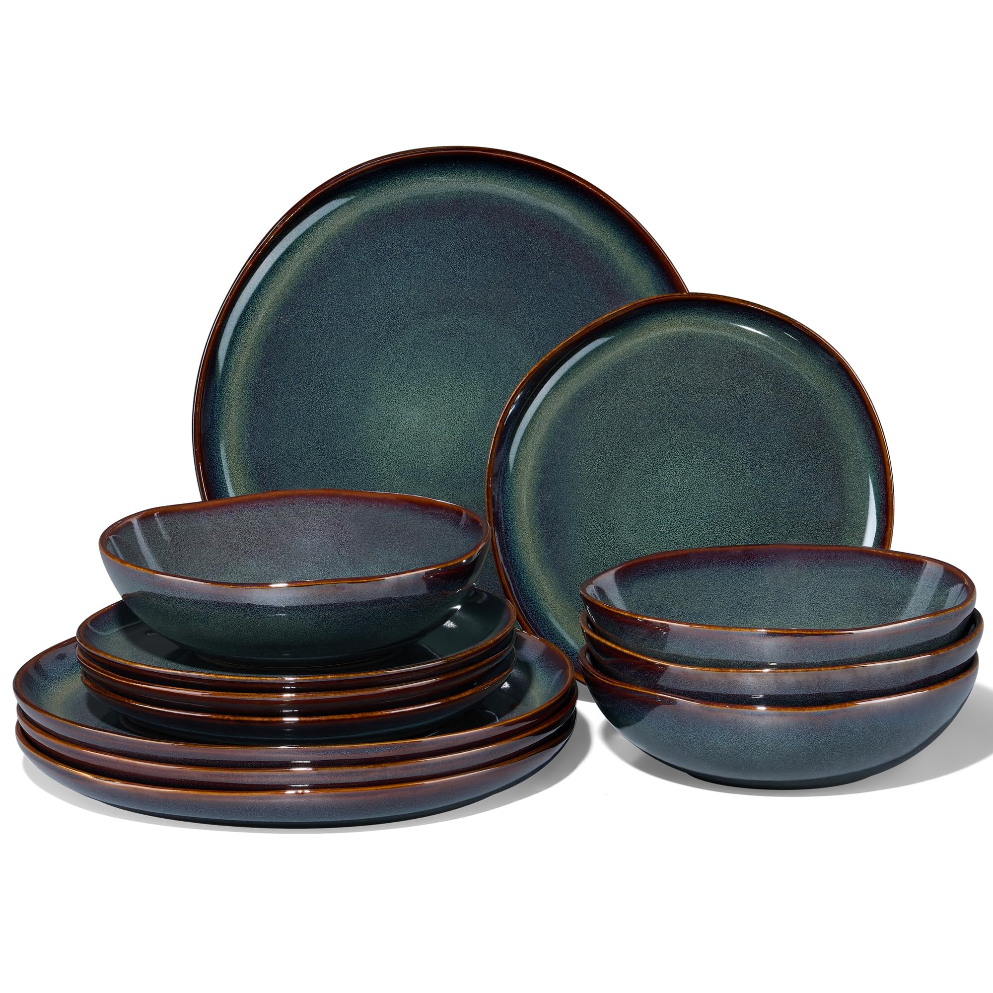 Joyfair Dinner Set, 12 Pieces Stoneware Dinnerware Set Service for 4, Reactive Glaze Irregular Shape Plates and Bowls, Chip & Scratch Resistant, Microwave & Dishwasher Safe, Blackish Green