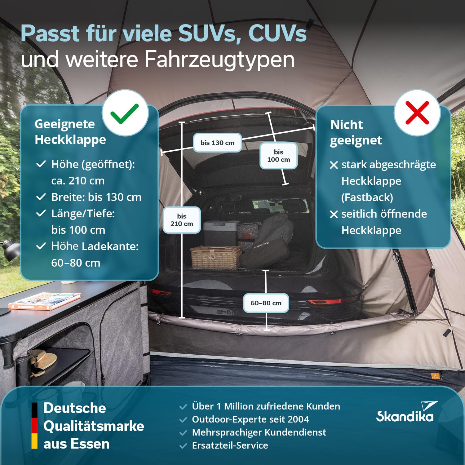 Skandika Heckzelt Pitea SUV Protect | 4 Personen, recyceltes Zeltmaterial, freistehend, eingenähter Zeltboden, 2,2 m Stehhöhe, Fenster, 5000 mm Wassersäule, Moskitonetze, 3 x 3 m | für Auto, SUV, Bus