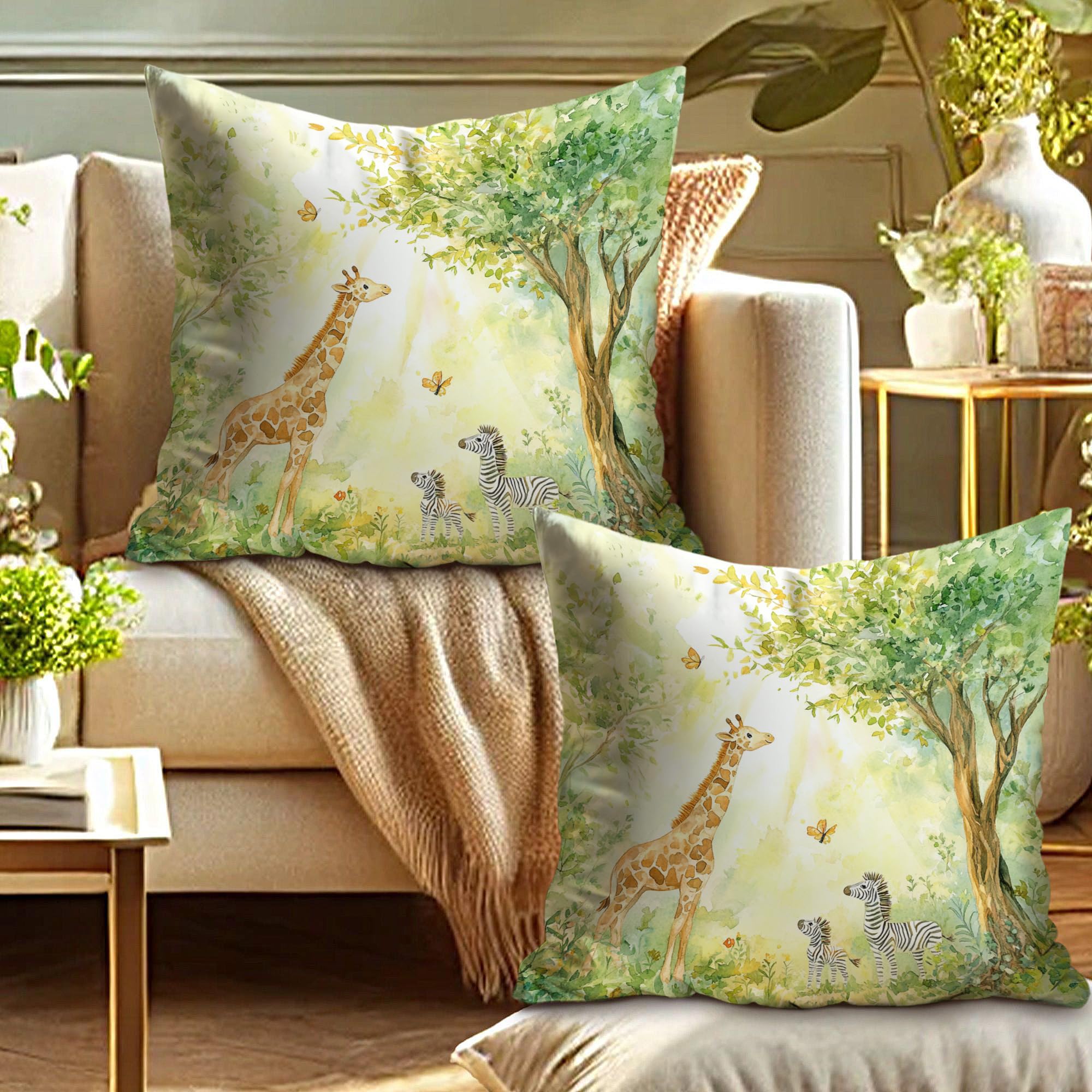 Safari Animal Pillow Covers Set of 2, Green Giraffe and Striped Horse Throw Pillow Cases, Nature Decorative Square Cushions for Living Room Kids Bedroom 18x18 Inch