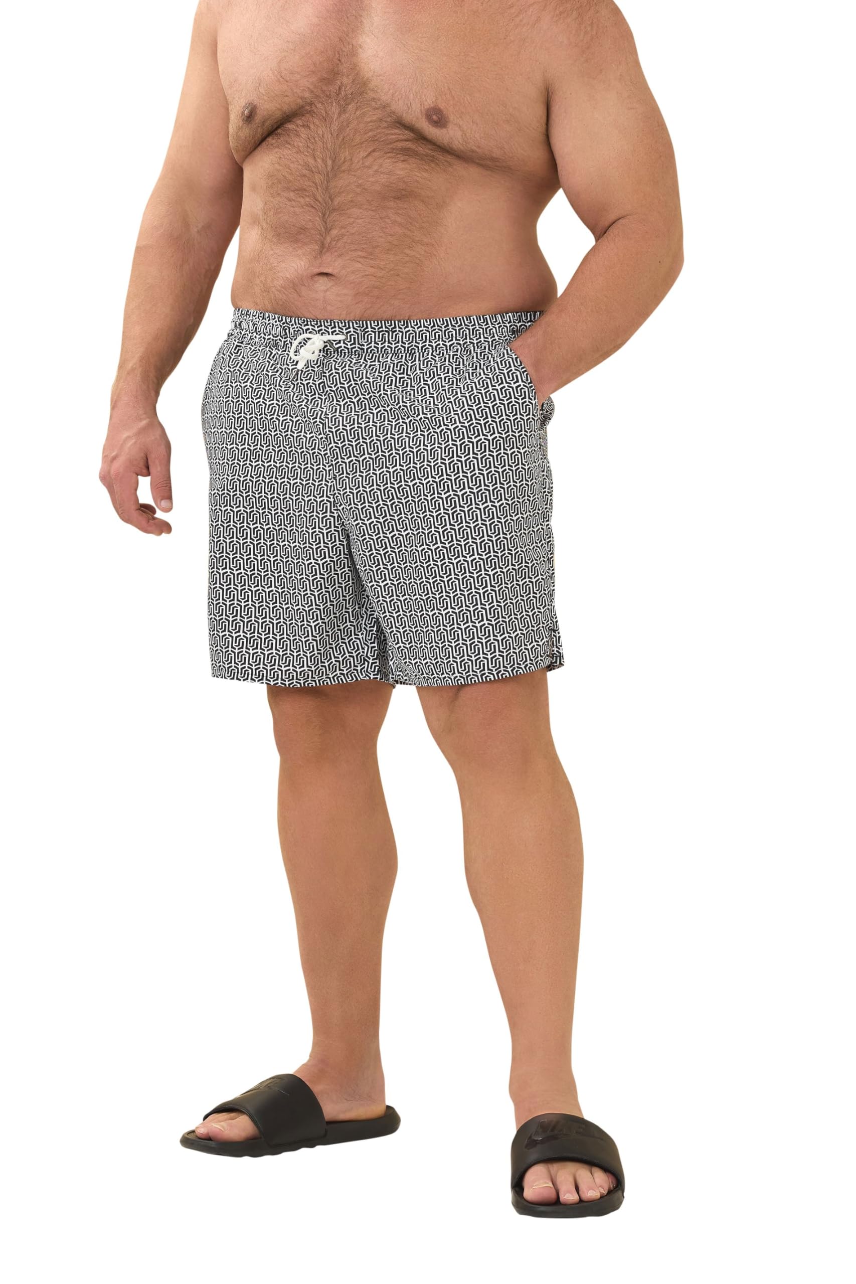 Badrhino Men's Black Big & Tall & White Geometric Print Swim Shorts - Plus Size Curve