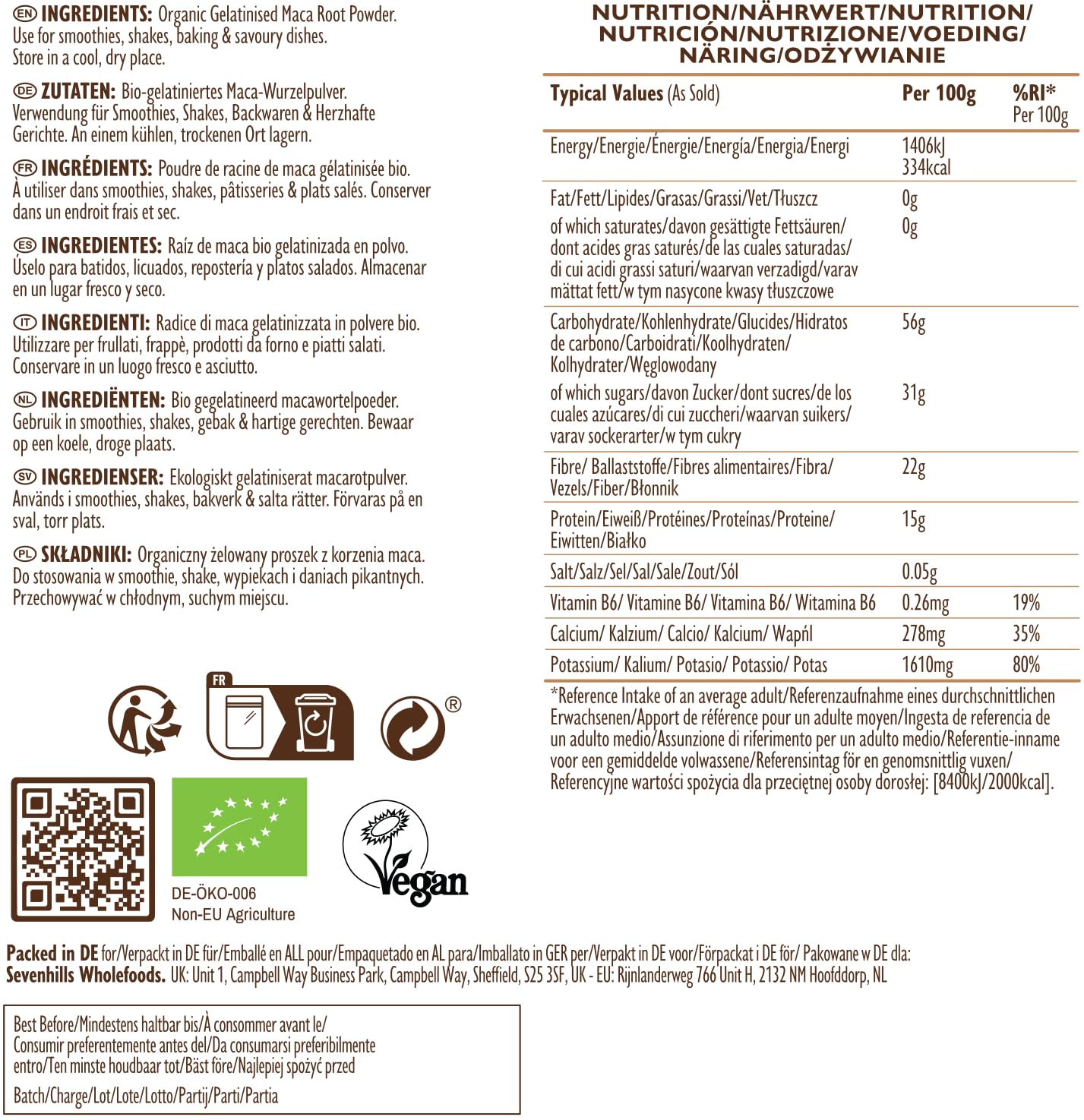Sevenhills Wholefoods Poudre De Maca Gélatinisée Bio 400g
