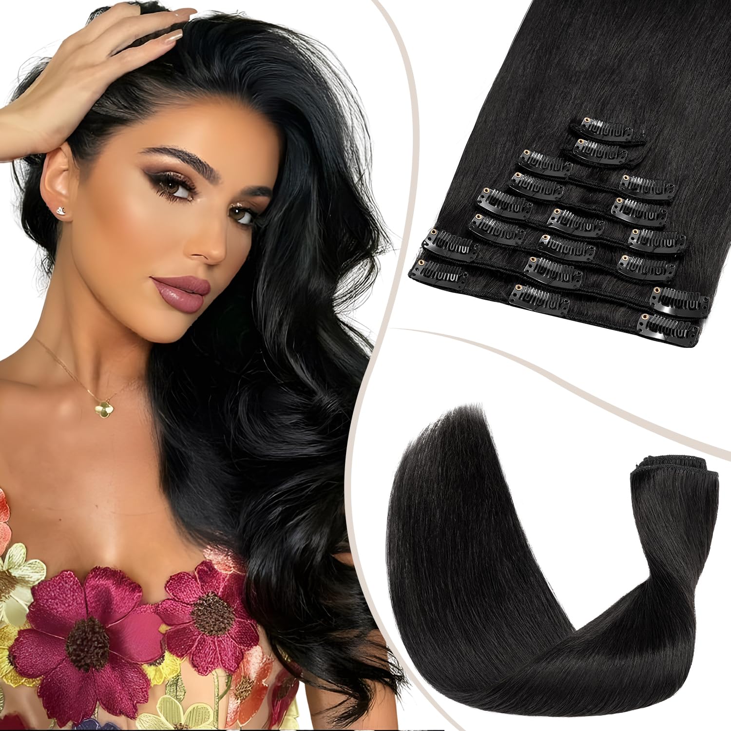 TESS Clip in Hair Extensions Real Human Hair Black Remy Seamless 8 Pieces Straight Short for Women/Girls (#01 Jet Black, 10 Inch 50g)
