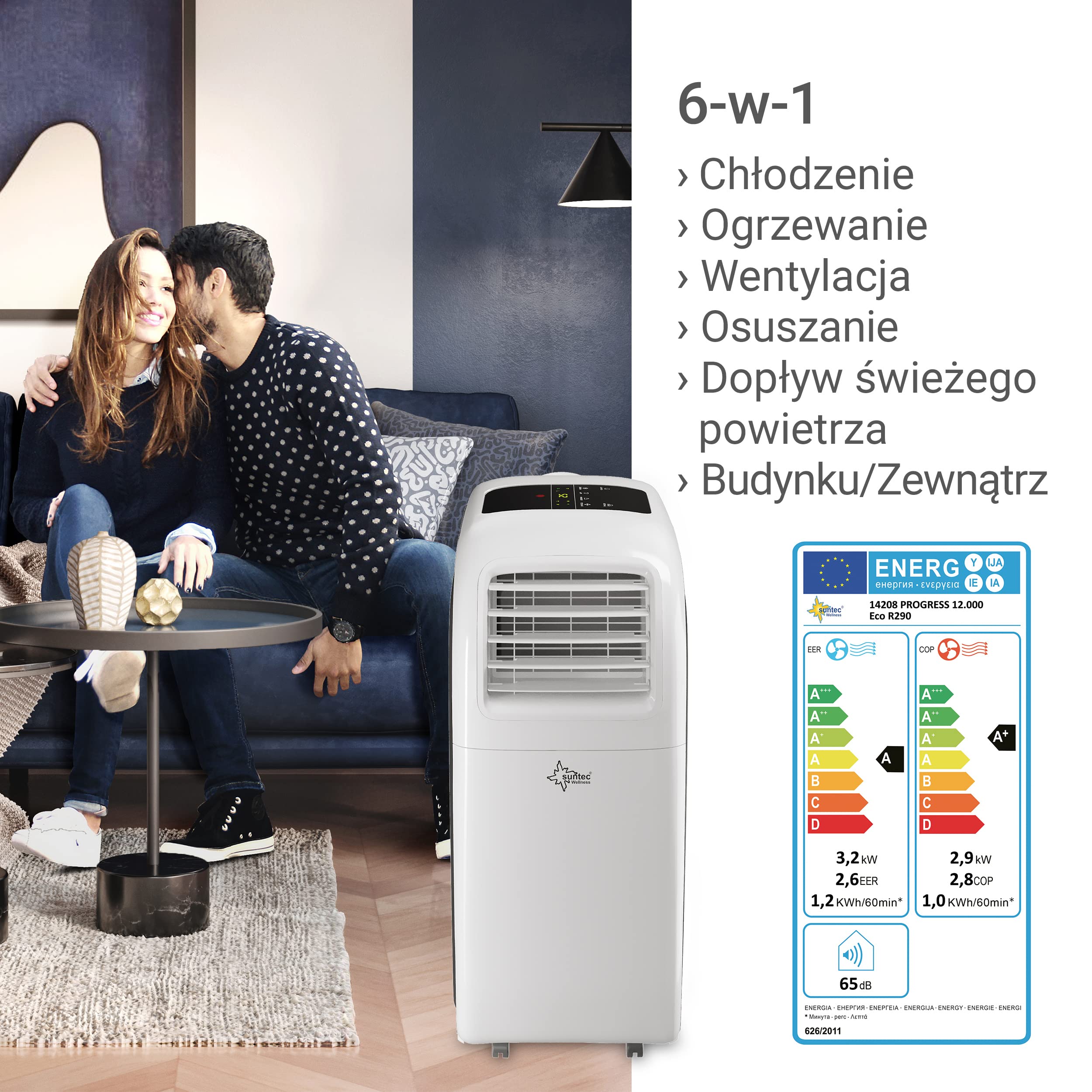 Przenośny klimatyzator SUNTEC Transform 12.000 Eco R290 | Klimatyzacja do pomieszczeń do 60 mkw. | Wąż wywiewny | Klimatyzator i osuszacz z eko-chłodziwem | 12 000 BTU/godz. | Do domu i biura