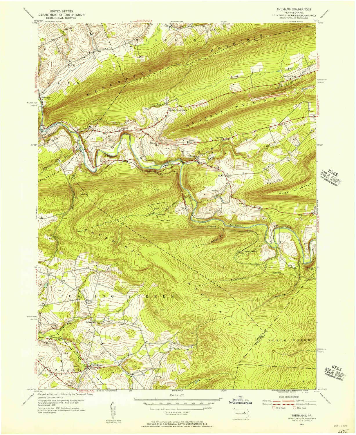 YellowMaps Shumans PA topo map, 1:24000 Scale, 7.5 X 7.5 Minute, Historical, 1955, Updated 1956, 27 x 22 in - Tyvek