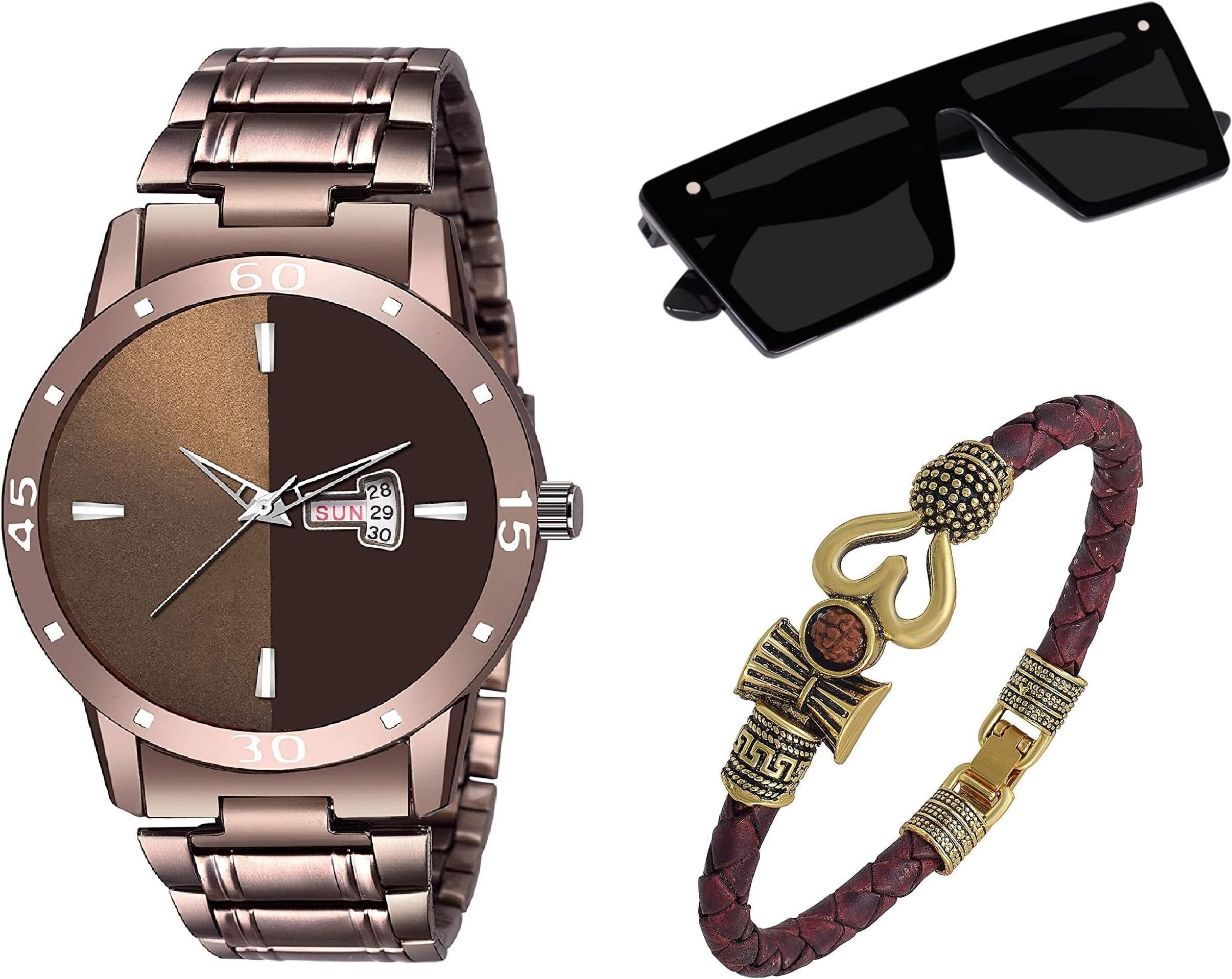 Rich Club Brown Coloured Metal Watch for Men and Boys with Free Black Sunglass and Trishul OM Bracelet
