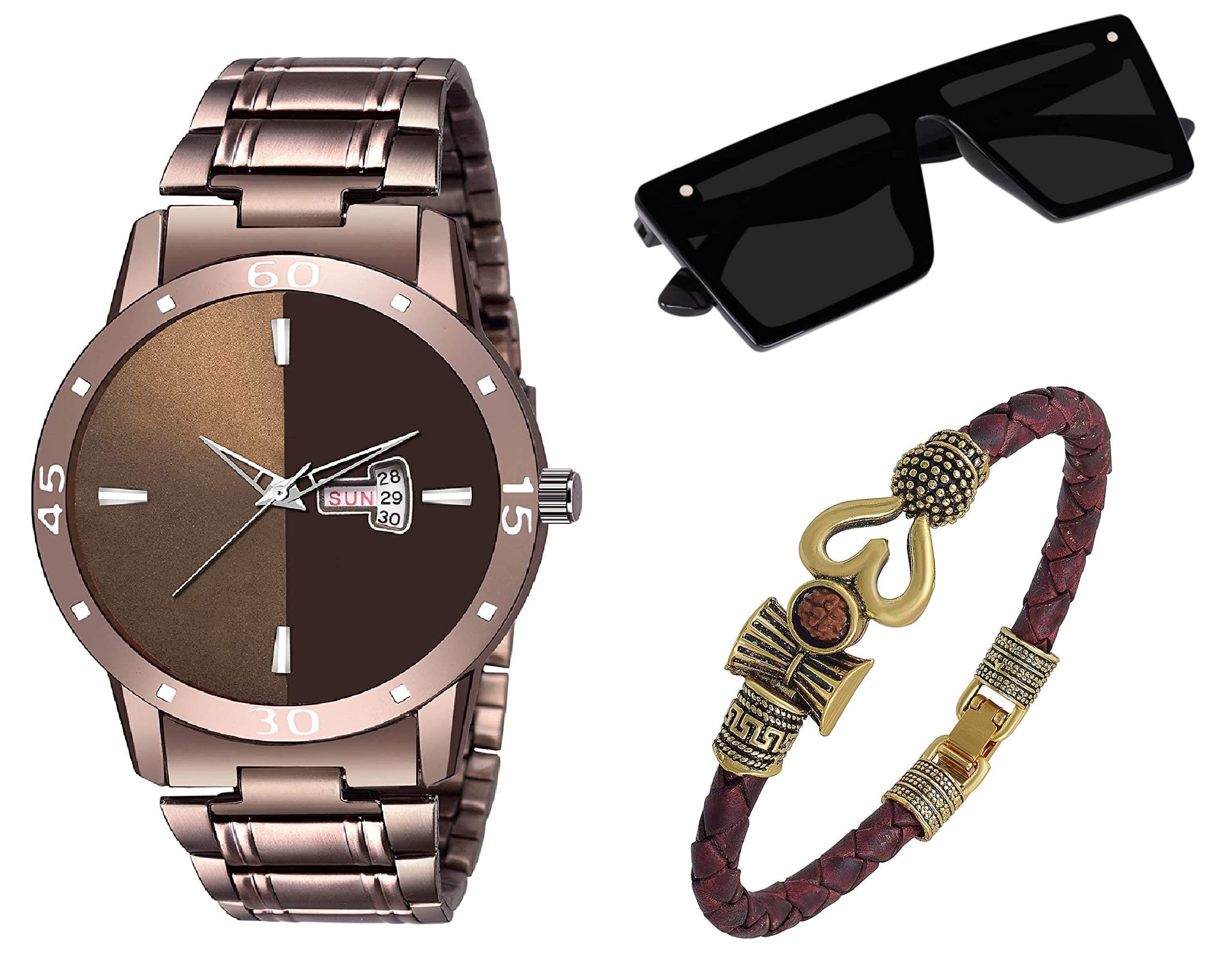 Rich Club Brown Coloured Metal Watch for Men and Boys with Free Black Sunglass and Trishul OM Bracelet (B07145CKVN) Amazon Price History, Amazon Price Tracker