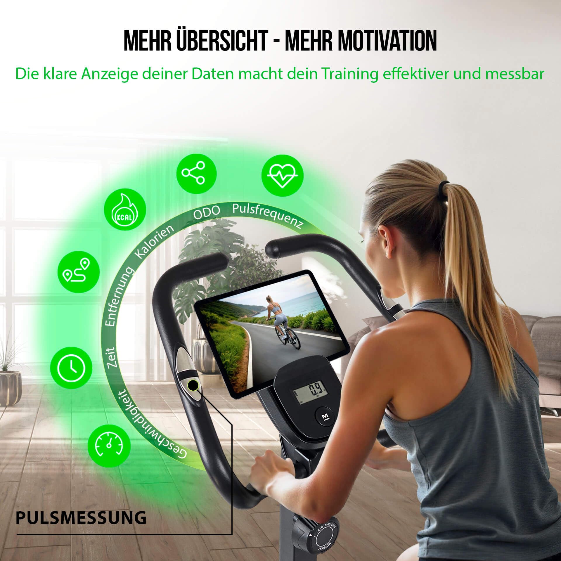 Christopeit Heimtrainer „Activ“ – leises Fitnessbike mit Magnetbremse, 14 Widerstandsstufen, LCD-Display, Pulsmessung & Tablet-Halterung
