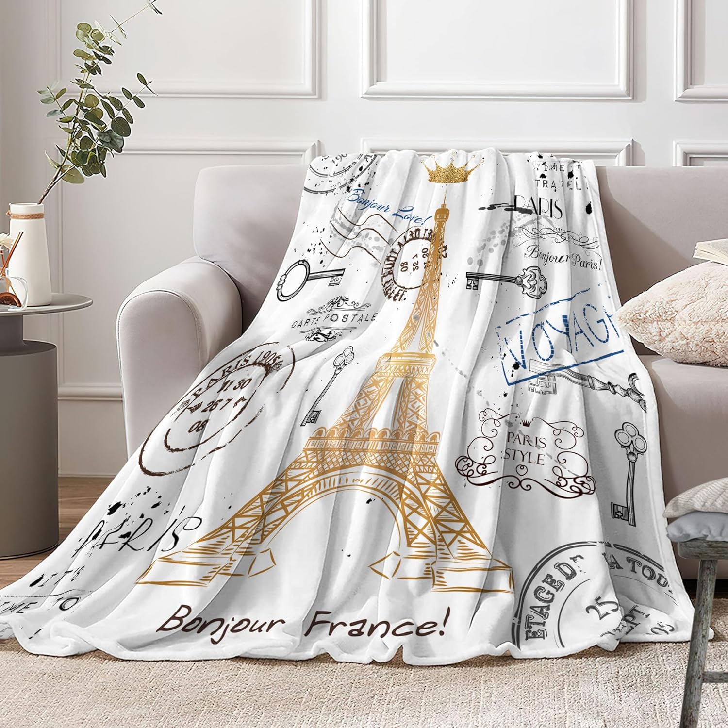 Paris Throw Blankets, Eiffel Tower Unisex Cozy Warm Bed Couch Blanket, Golden Lettering European Retro Stamp Art Modern White Fleece Flannel Throws to Decorate Room Bedroom Camping Travel - Image 3
