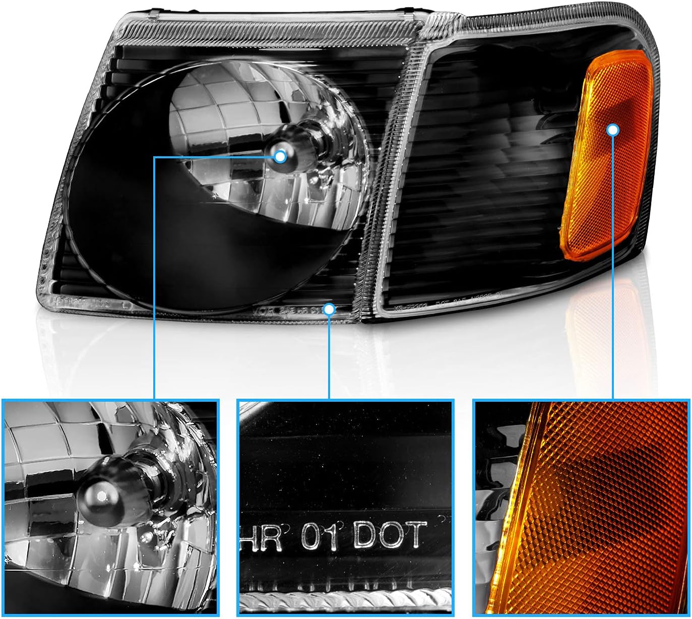 AmeriLite for 2001-2005 Ford Explorer Sport Trac Crystal Black Replacement Headlights with Corner Lamp Set - Passenger and Driver Side