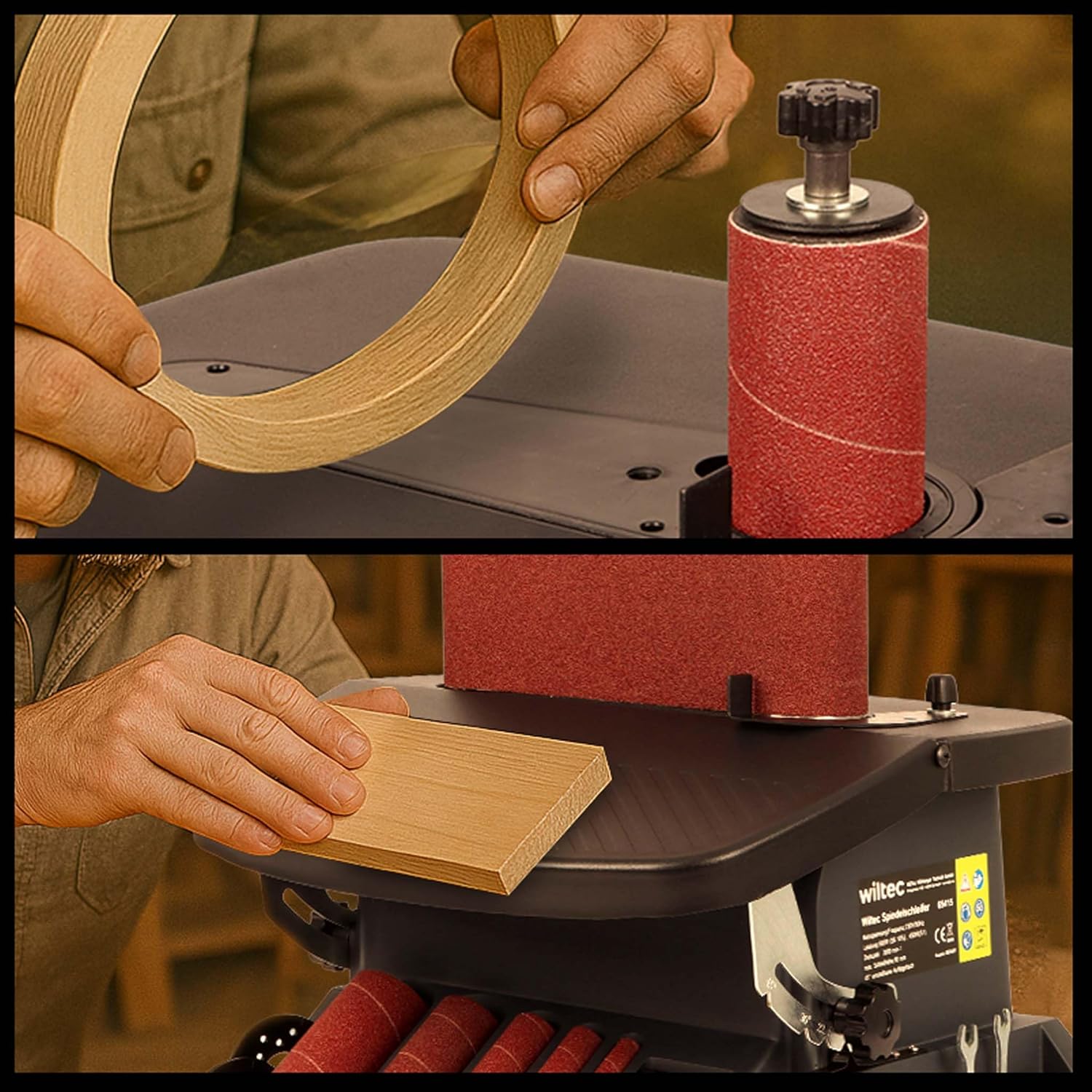User sanding curved and straight edges with the Wiltec sander
