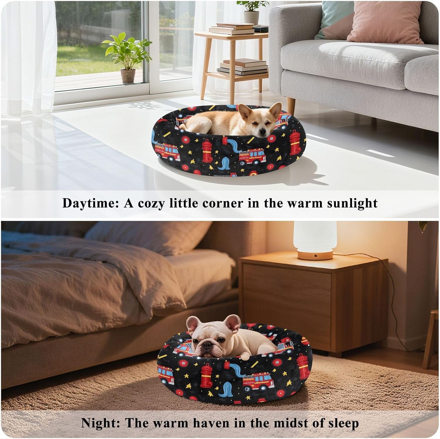Pet Dog Bed Warm & Cozy Fluffy Cat Pillow Bed for Medium Size Pets Sleeping M Firefighter Fire Hose Hydrant Truck Black