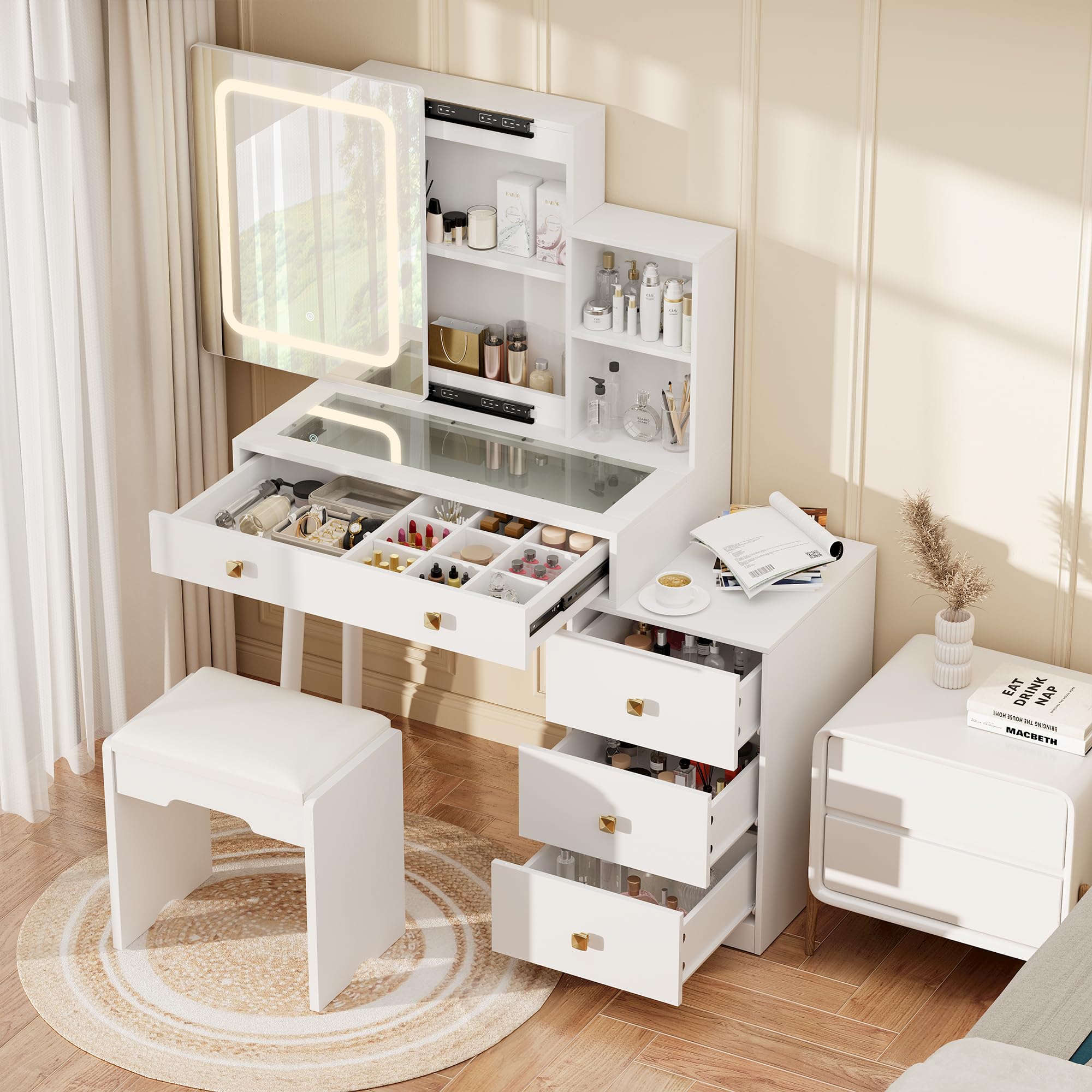 KAMABOKO Vanity Desk with Sliding Mirror and Lights, Makeup Vanity Table with 4 Drawers & Storage Rack &Power Outlet & Stool, White Dressing Table