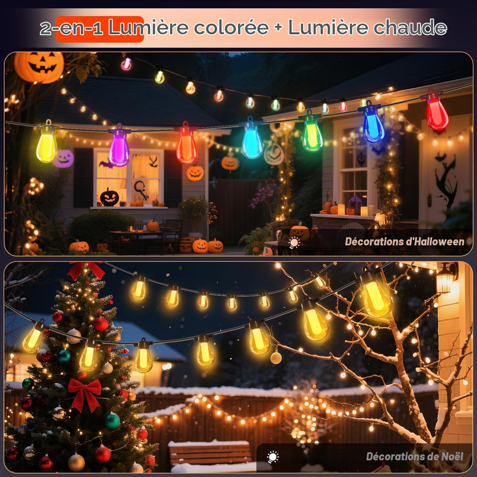 Guirlande lumineuse de 15 m pour l'extérieur/l'intérieur, réglable, RGB, plus de 1000 modes pour les fêtes, terrasses, brasseries en plein air, pavillons, balcons, jardins, Halloween, Noël (APP)