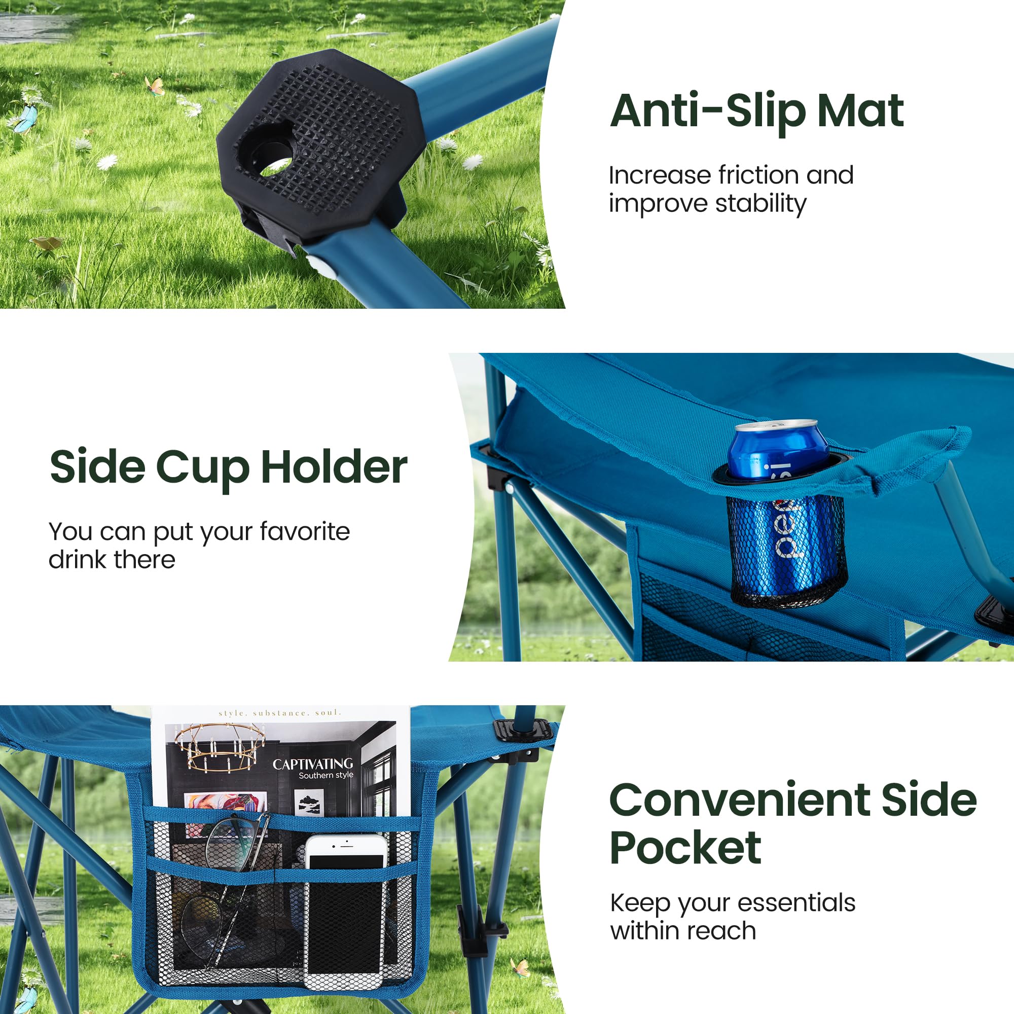 HIGH POINT SPORTS Sedia da Campeggio Pieghevole, Set da 2 Pezzi, fino a 102 kg, Sedie Pieghevoli da Esterno, Sedie da Campeggio,Sedie da pesca con Braccioli (Blu)