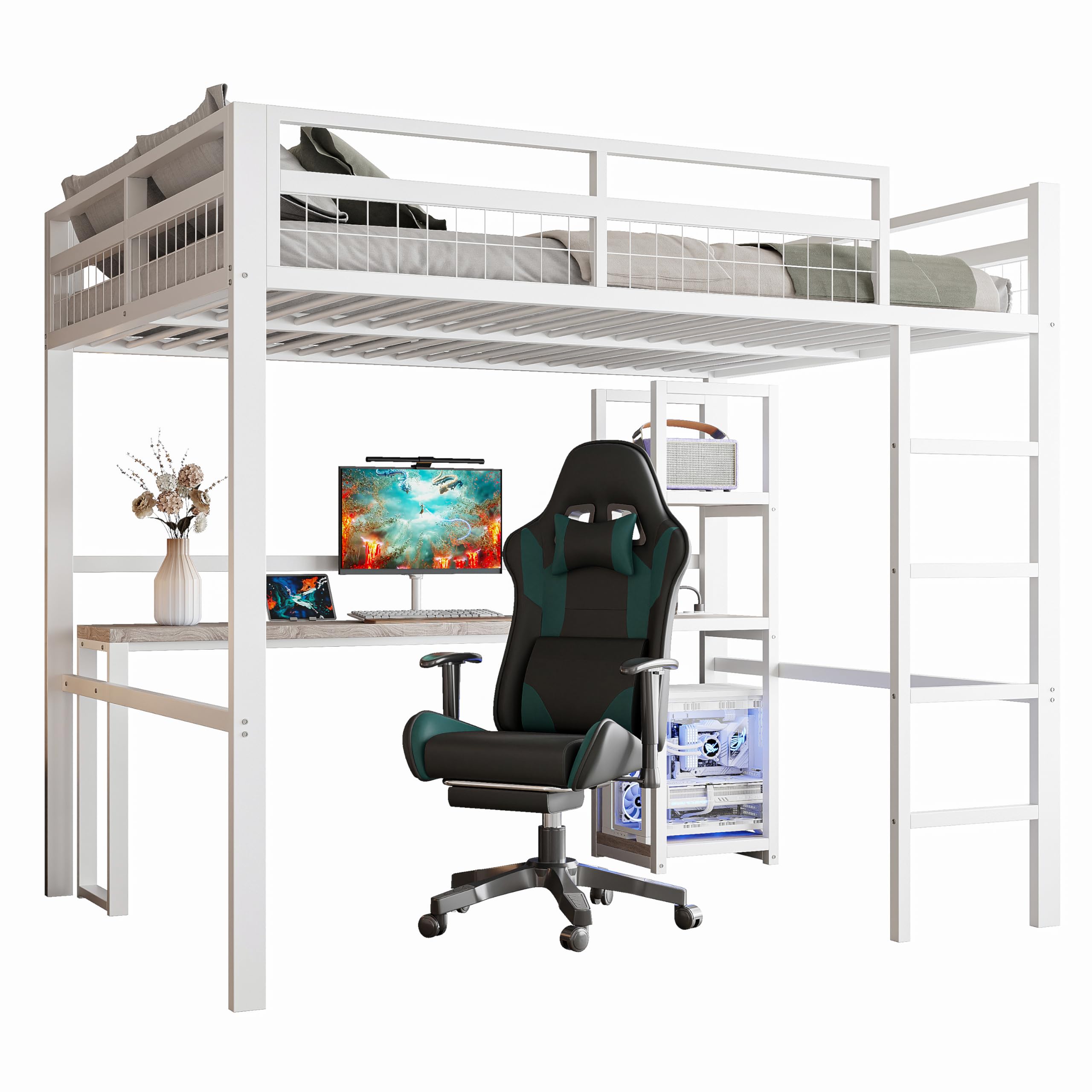 Kebnor Cama alta de 140 x 200 cm, marco de hierro, varios estantes, escritorio con enchufe, barandilla, escalera blanca (sin colchón)
