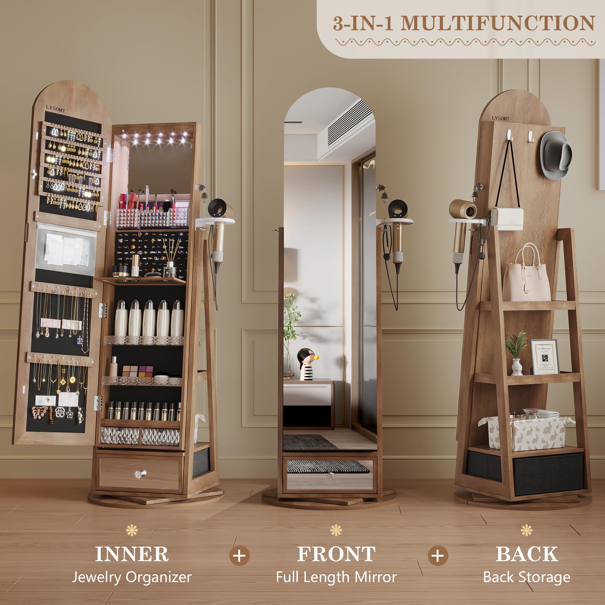 LVSOMT LED Armoire à bijoux avec Miroir Arqué, Rotative à 360 Armoire Bijoux Miroirs avec éclairage, Grande Arc Miroirs sur pied avec Rangement de bijoux, Miroir Bijoux Bois Verrouillable, Bois Marron