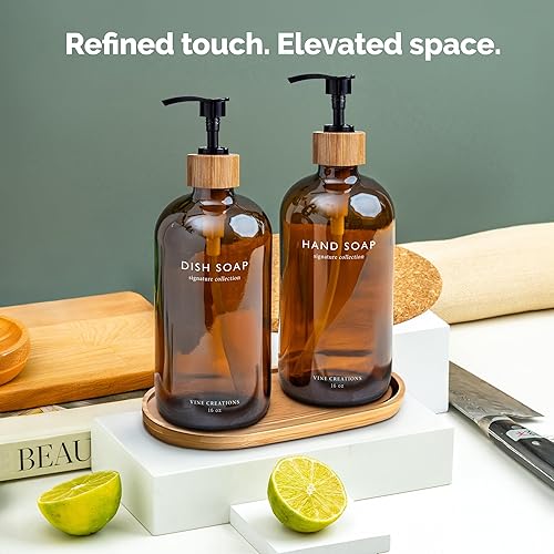 Miniatura 6 de Vine Creations Juego de dispensador de jabón de vidrio ámbar, dispensador de jabón de manos y platos con bandeja de bambú, botella dispensadora de
